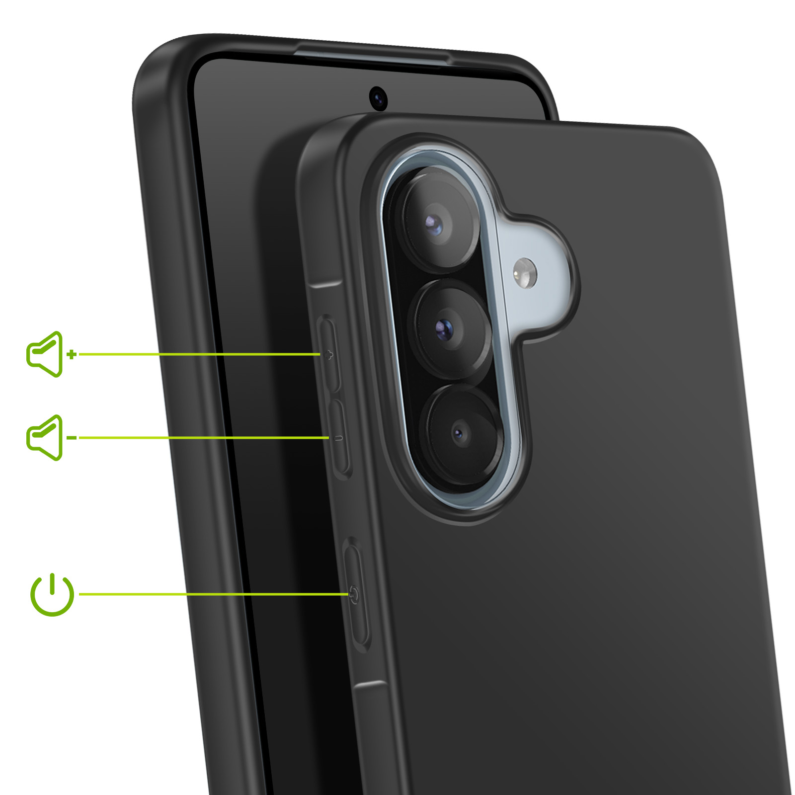 Téléphone noir avec triple caméra et icônes volume/alimentation.