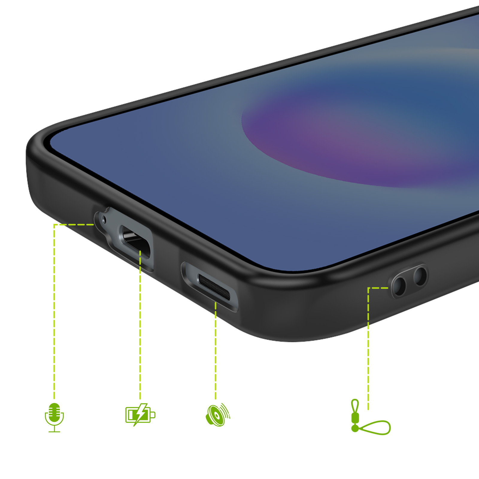 Coque de téléphone noire avec découpes pour ports, micro, haut-parleur et lanière.