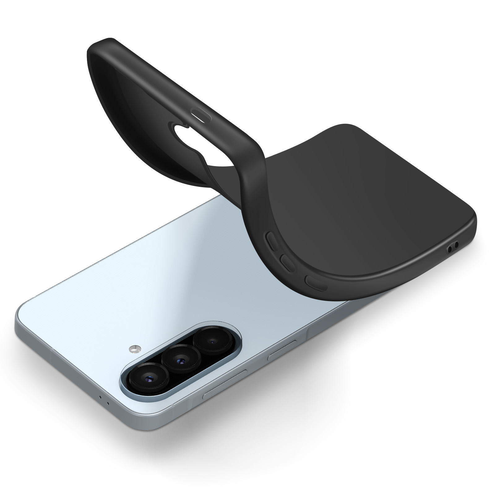 Coque de téléphone noire placée sur un smartphone bleu clair.