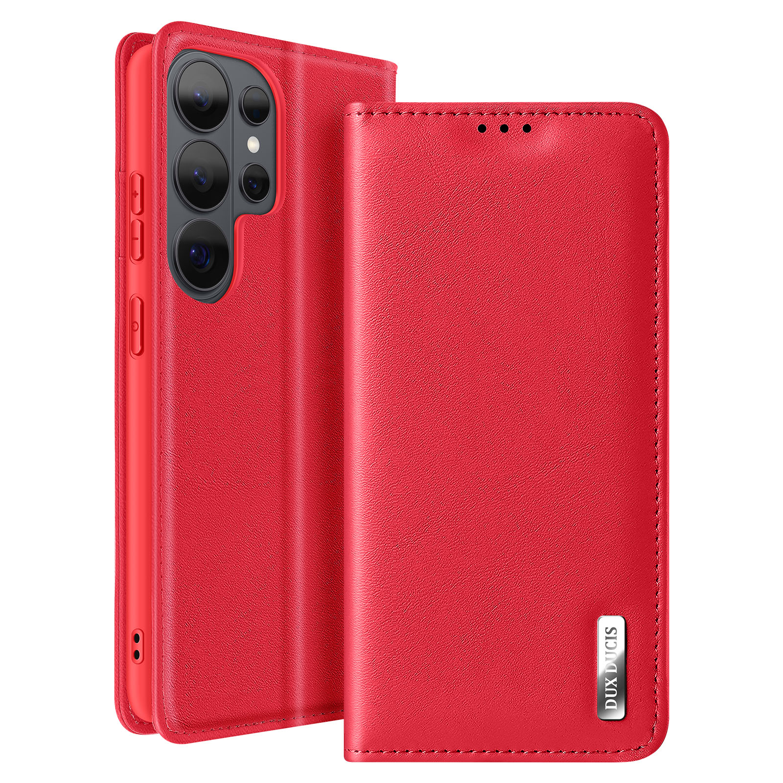 Custodia rossa a libro per telefono con foro fotocamera e logo frontale.