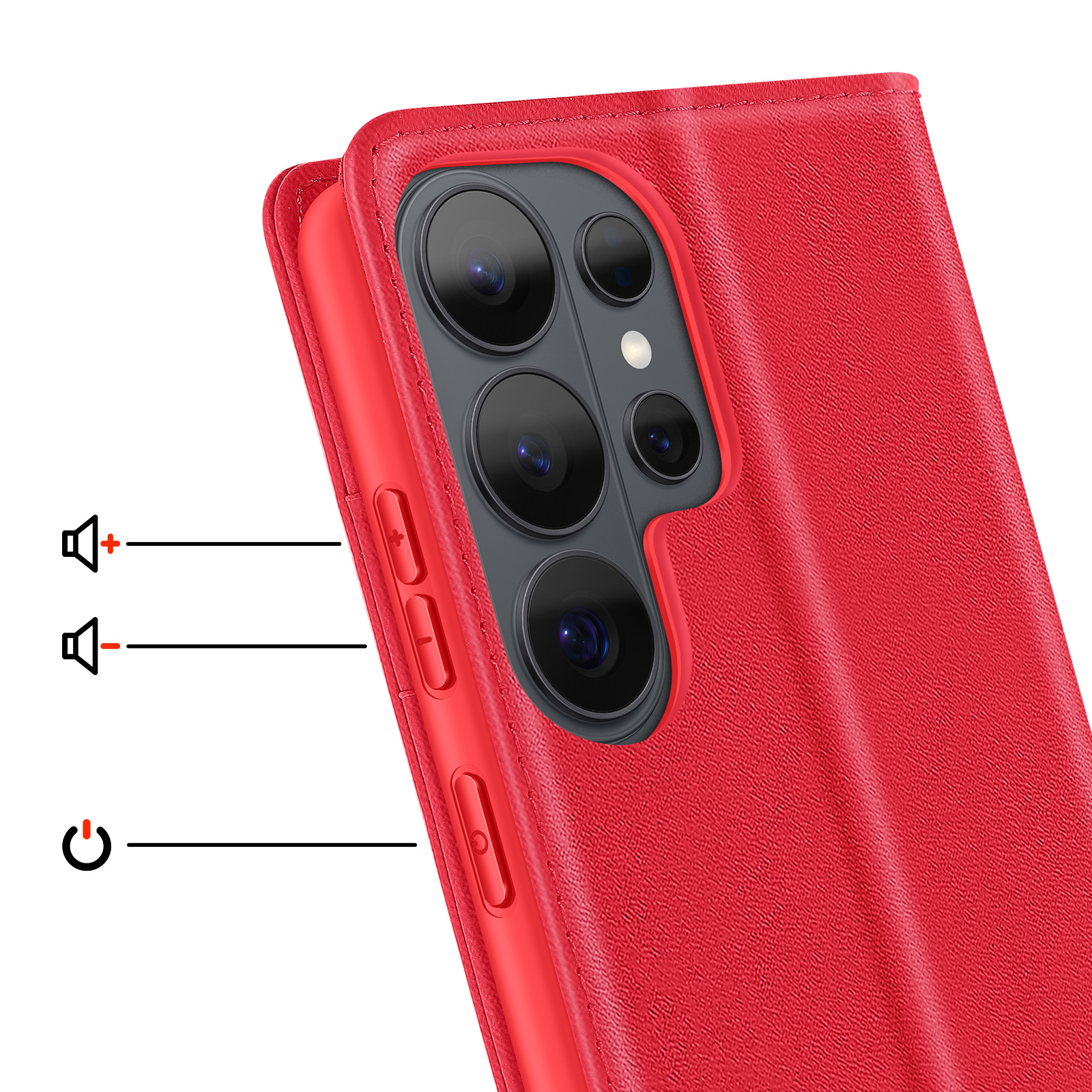 Custodia rossa per telefono con fotocamera, pulsanti, icone volume.