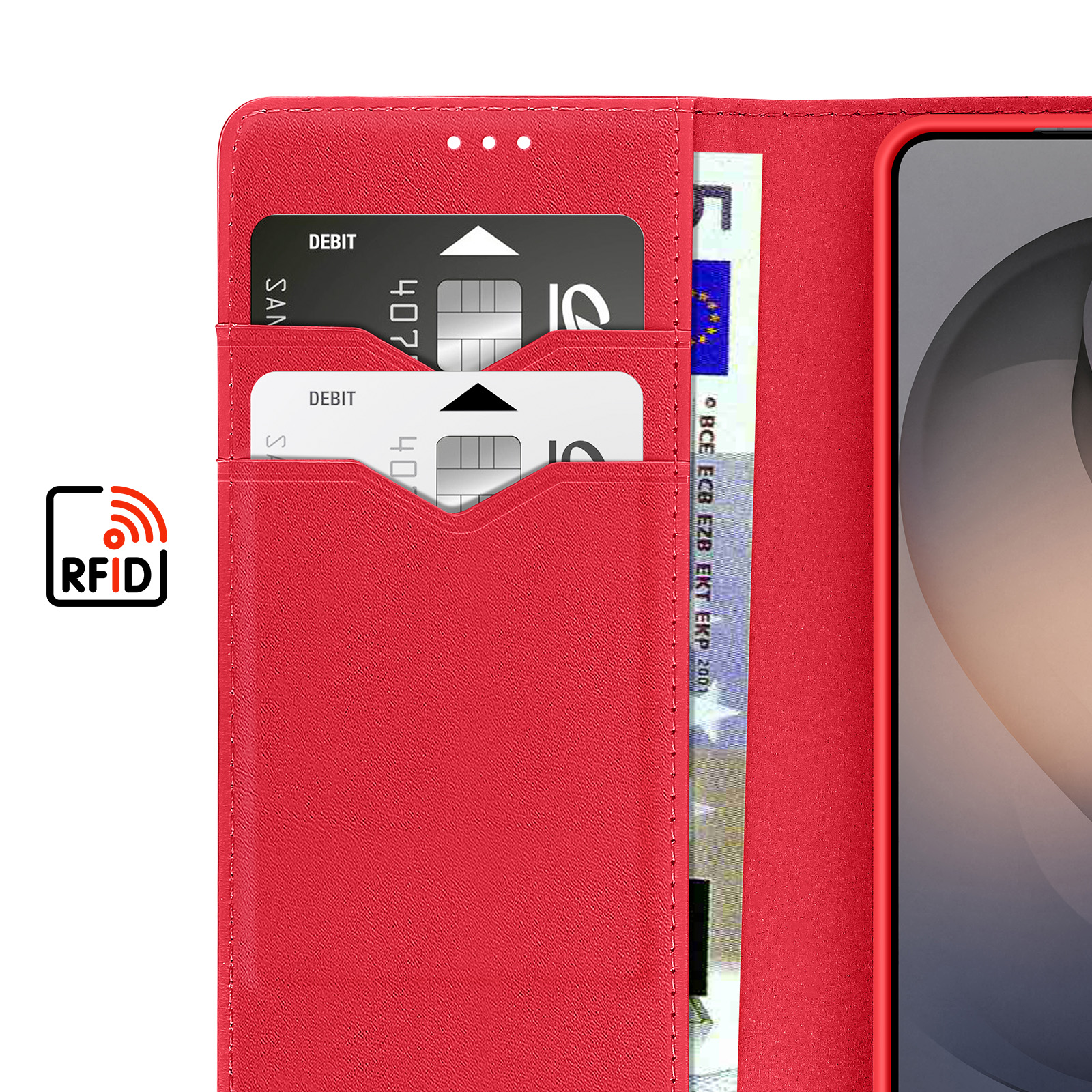 Custodia rossa per telefono con slot per carte, banconote e simbolo RFID.