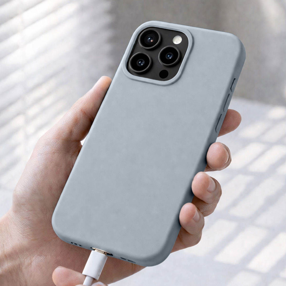 Una mano tiene uno smartphone grigio con porta di ricarica e tre fotocamere.