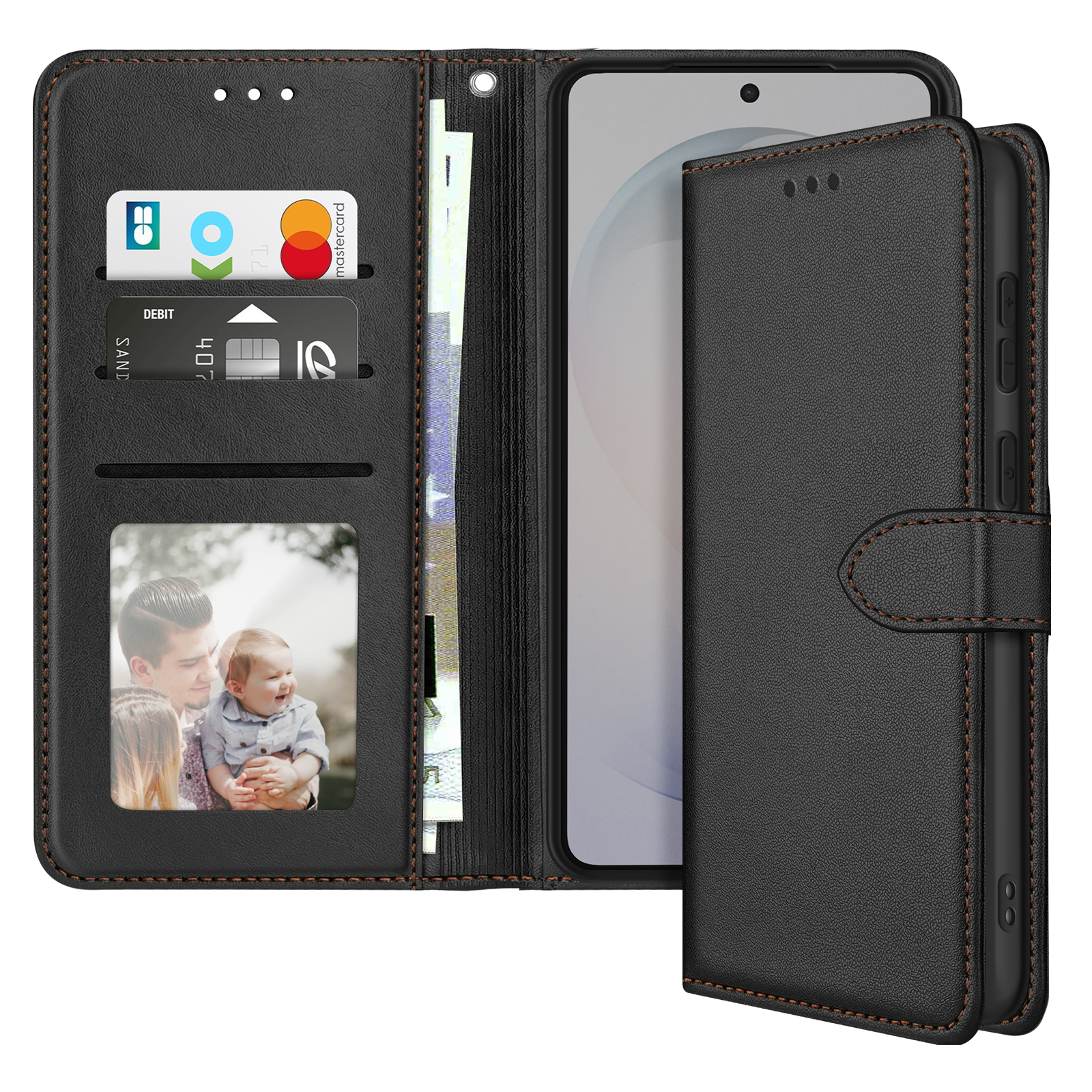 Custodia a portafoglio in pelle nera con slot per carte, porta soldi e foto.