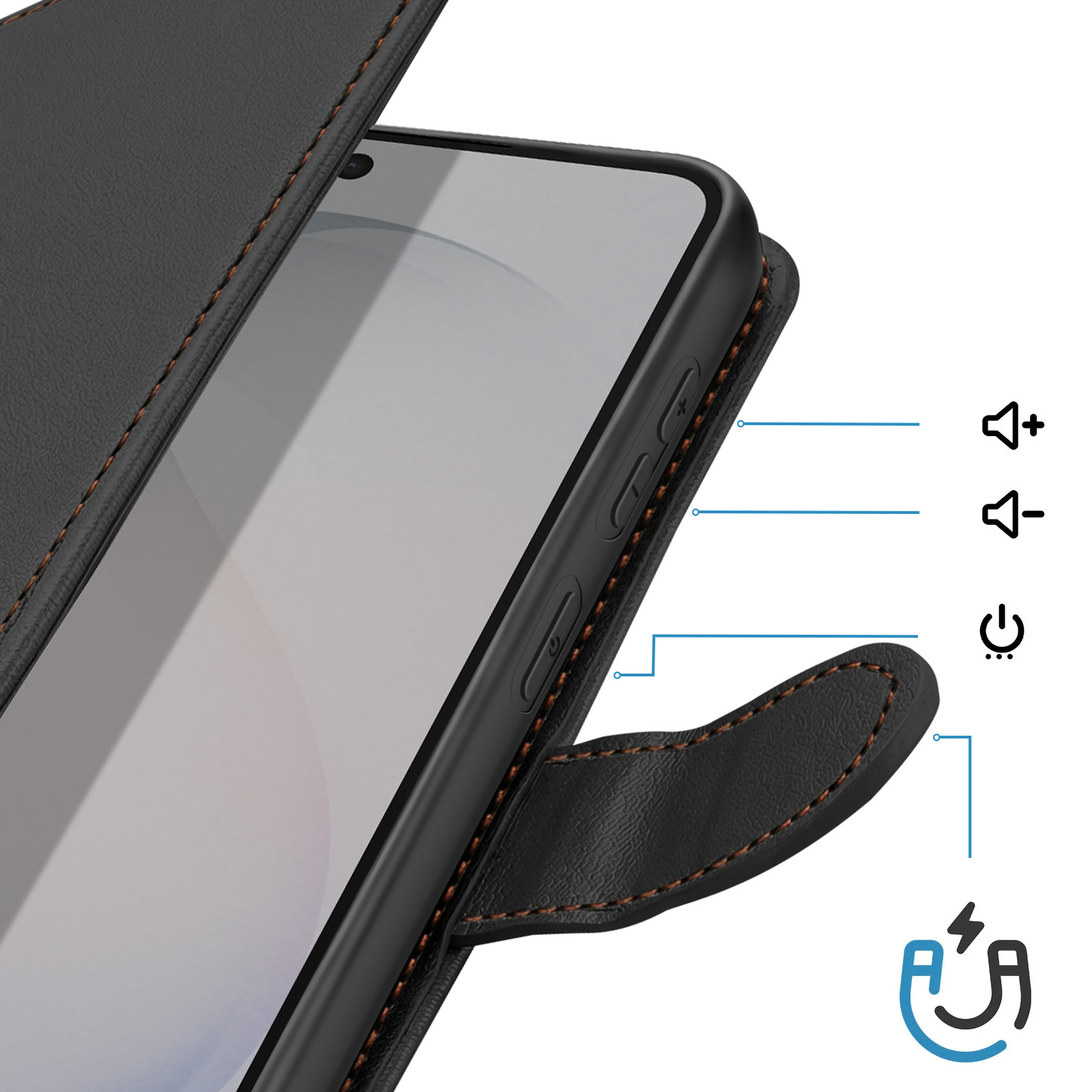 Telefono nero in custodia con pulsanti volume e accensione.