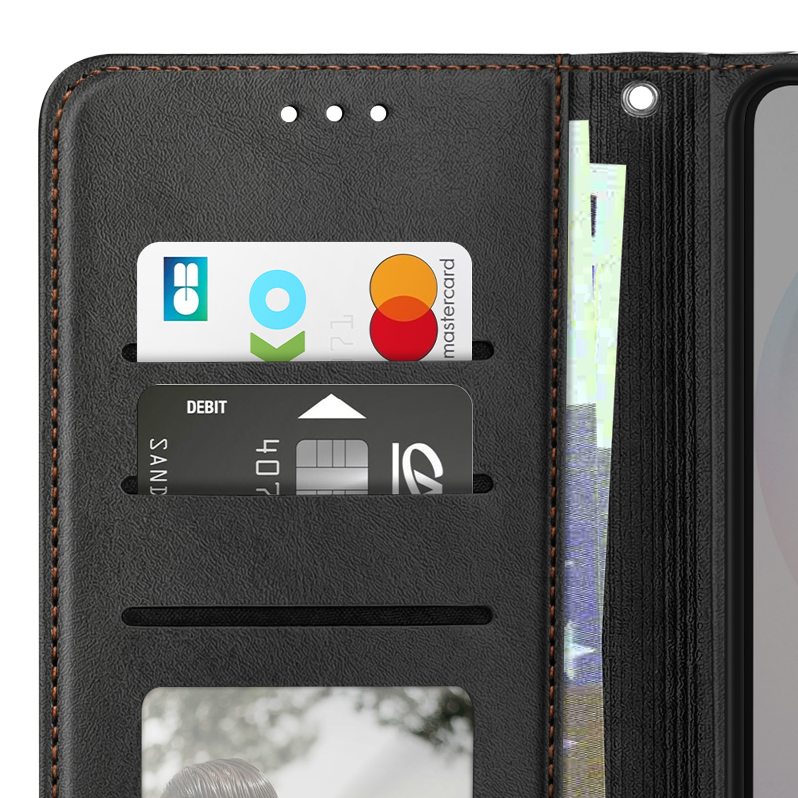 Portafoglio nero con slot per carte, carta di credito e banconote.