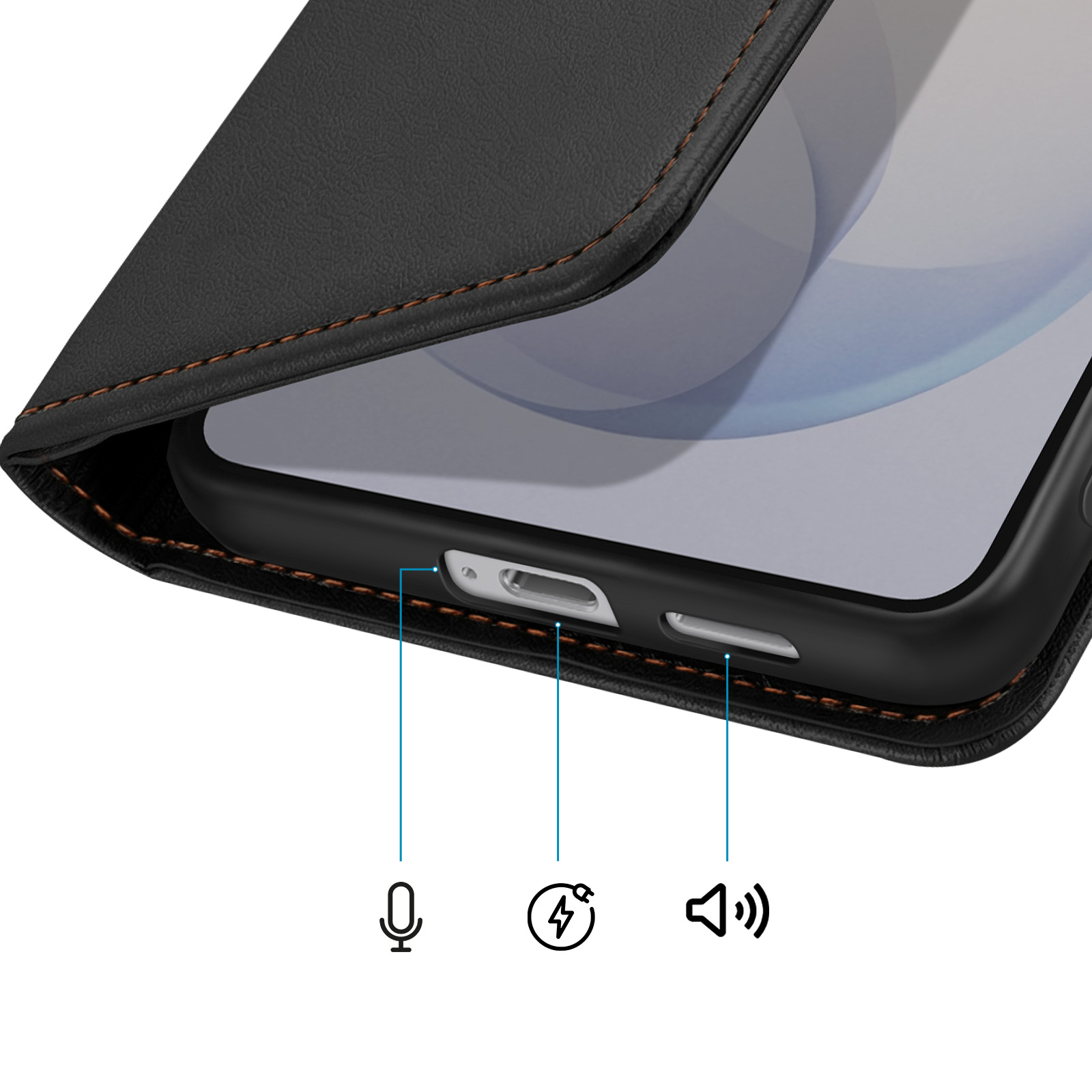 Primo piano di cover nera per telefono con cuciture. Porte e icone per microfono, ricarica e volume.