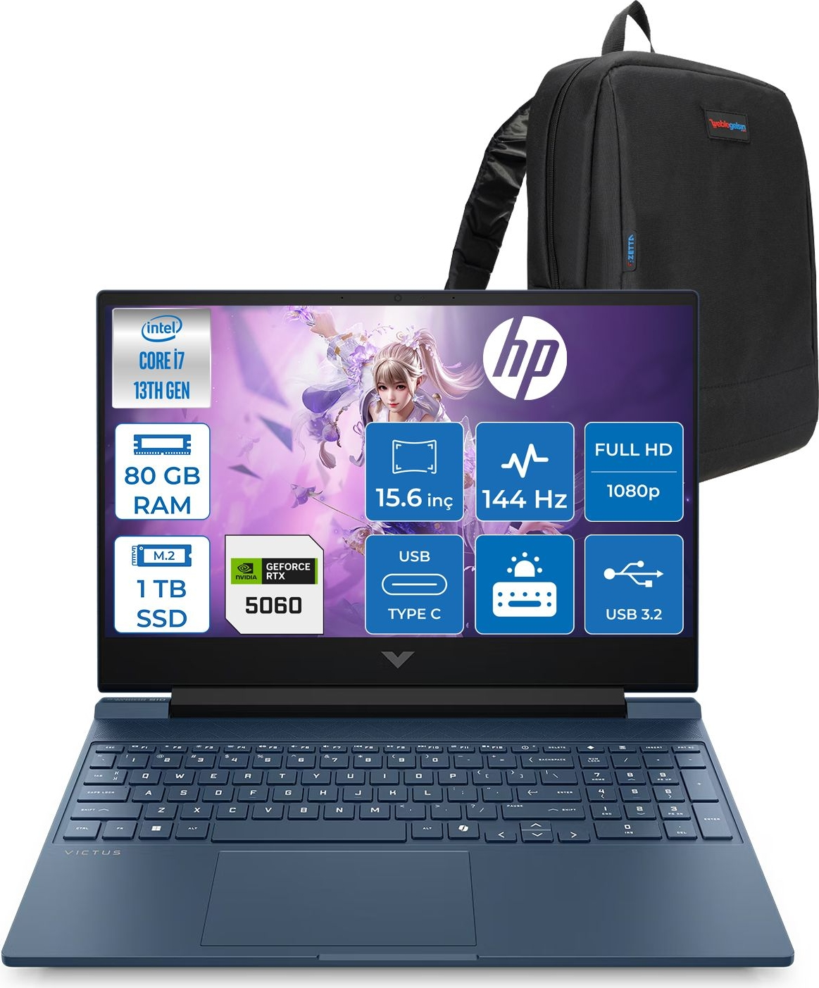 HP Victus 15W-FA2038NT RTX5060 8GB FHD WC39D5EAF45 Intel Core i7-13620H 80 GB RAM 1 TB SSD 15,6 inç FreeDOS Laptop+Çanta Mavi