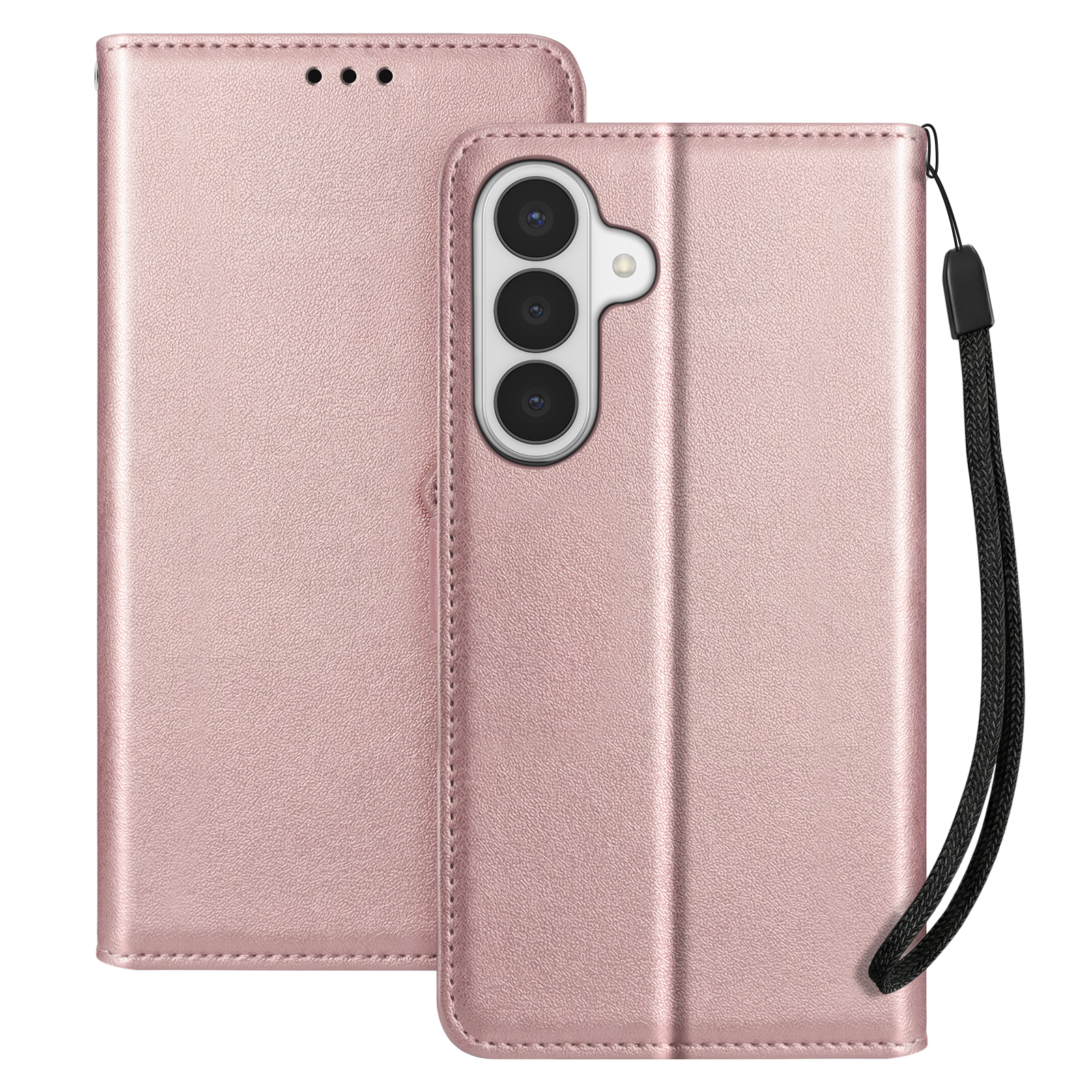 Una custodia per telefono rosa oro con tre obiettivi e laccetto.