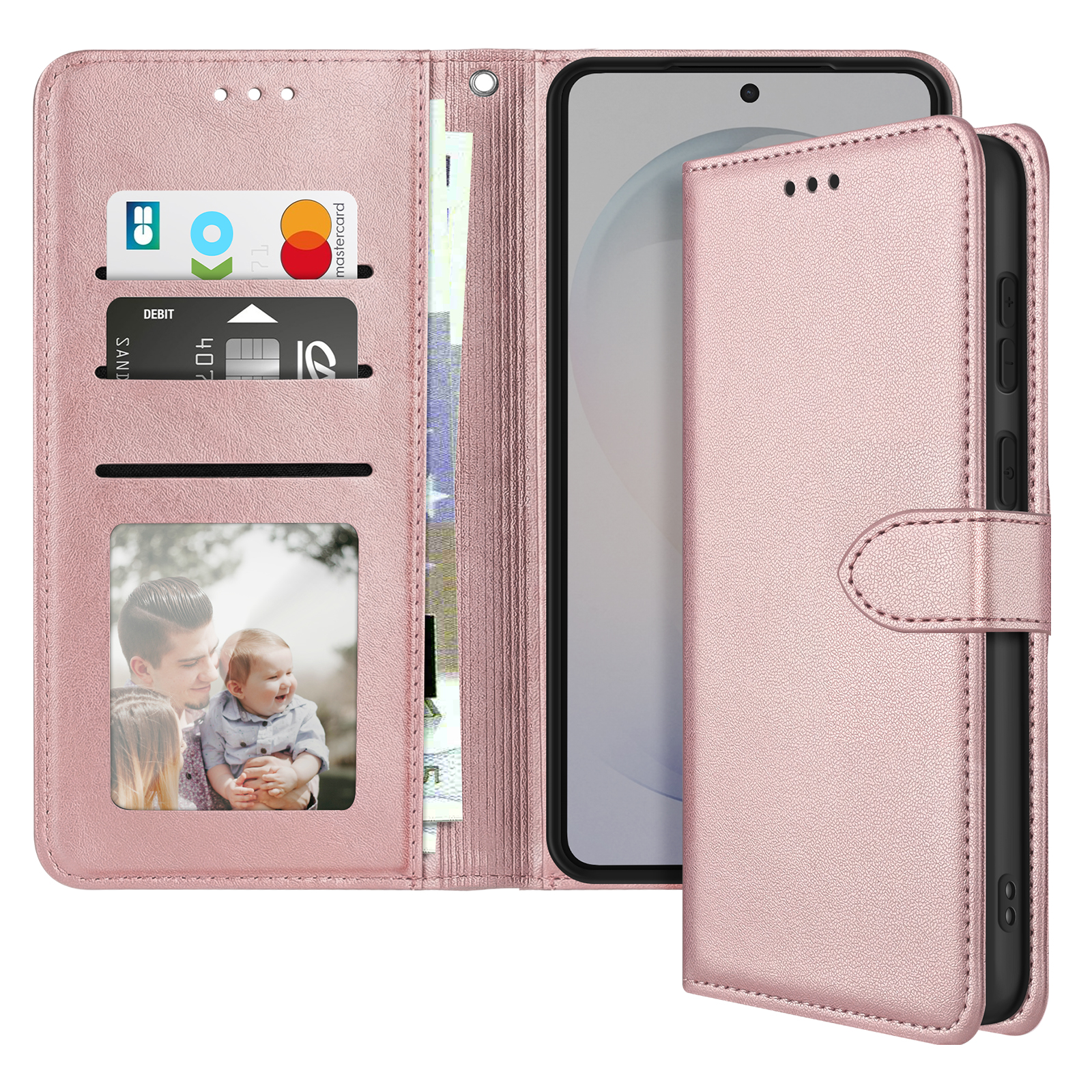 Custodia rosa per telefono con slot per carte, foto e banconote.