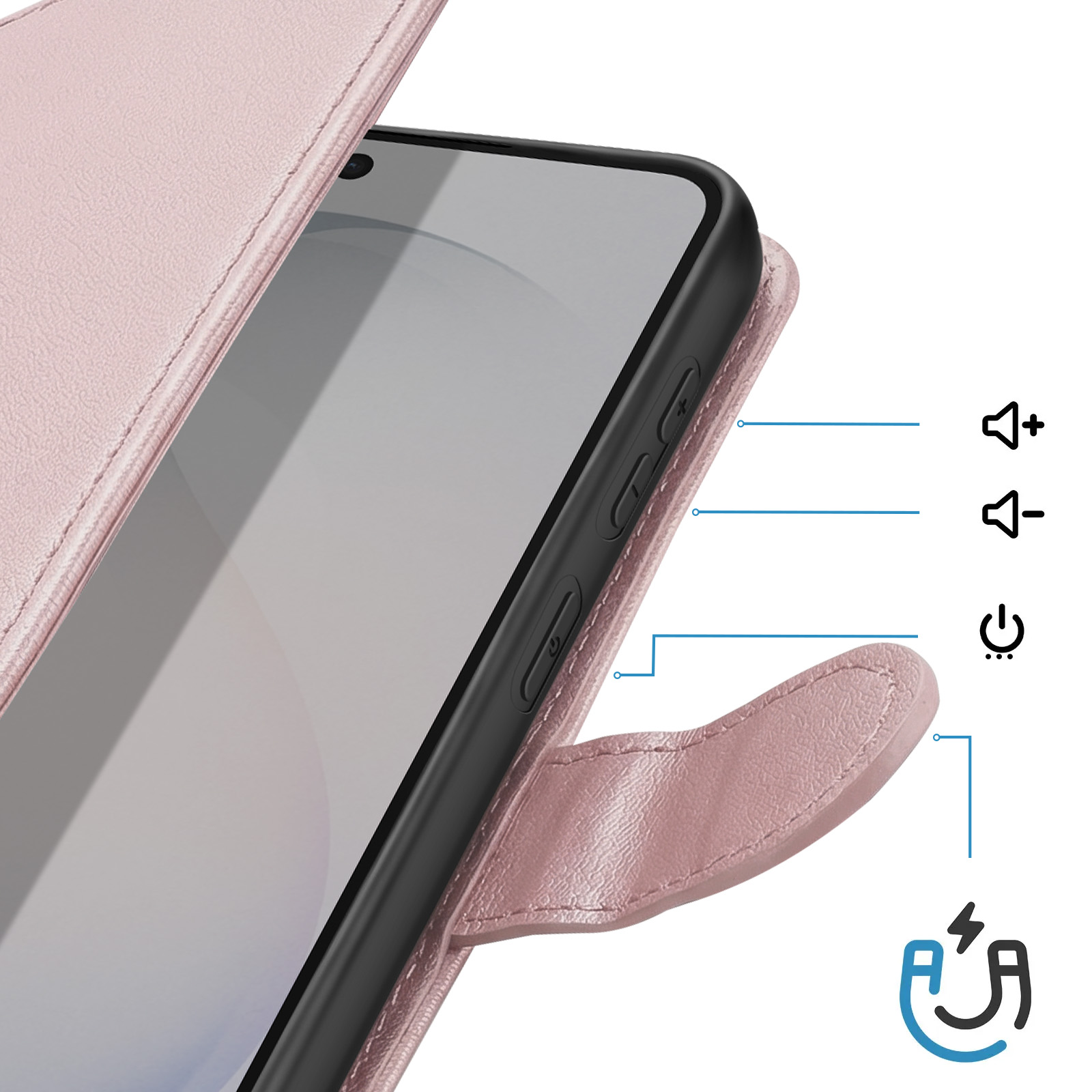 Custodia rosa per telefono con pulsanti laterali e icone di chiusura magnetica.