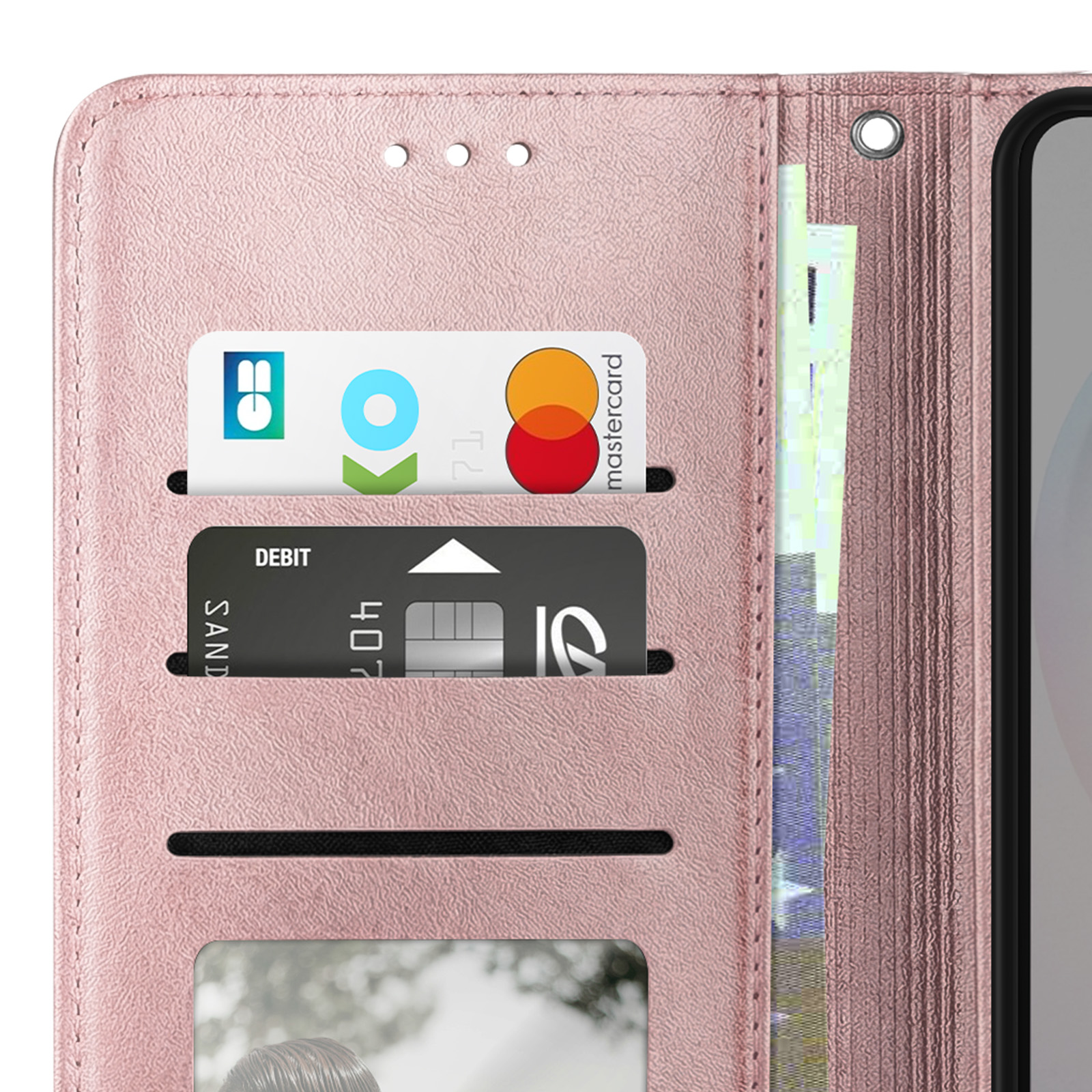Custodia per telefono rosa con slot per carte, mostra una carta di debito e Mastercard.