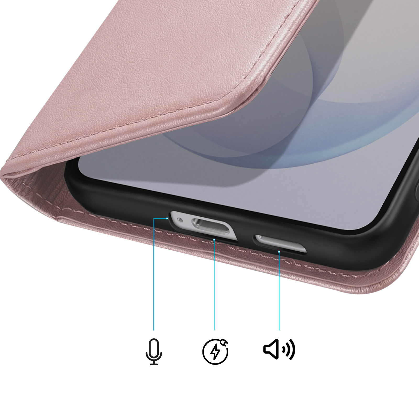 Primo piano di una custodia per telefono in pelle rosa che mostra porte e indicatori.