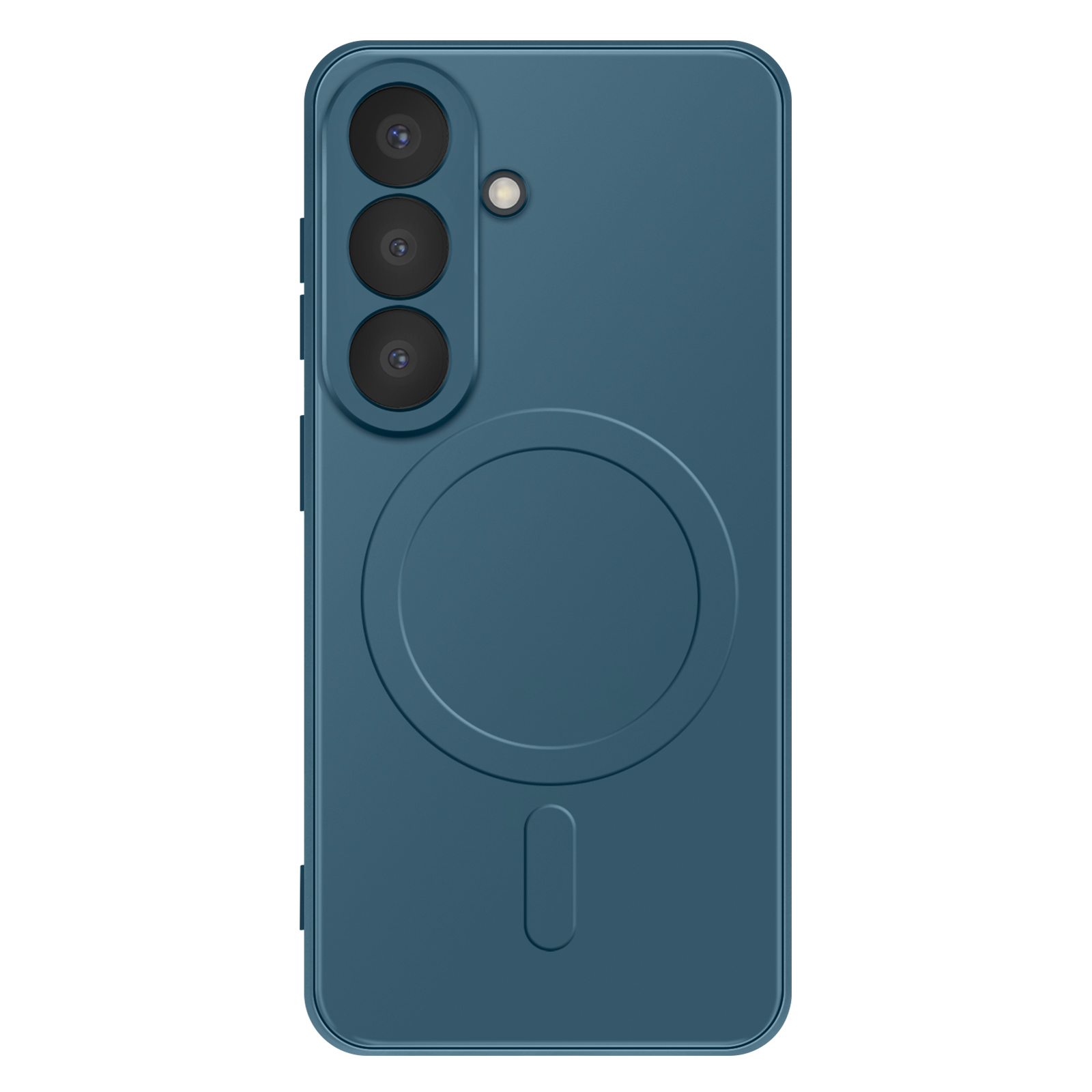 Achterkant van een blauwe smartphone met drie camera's en een magnetische ring.