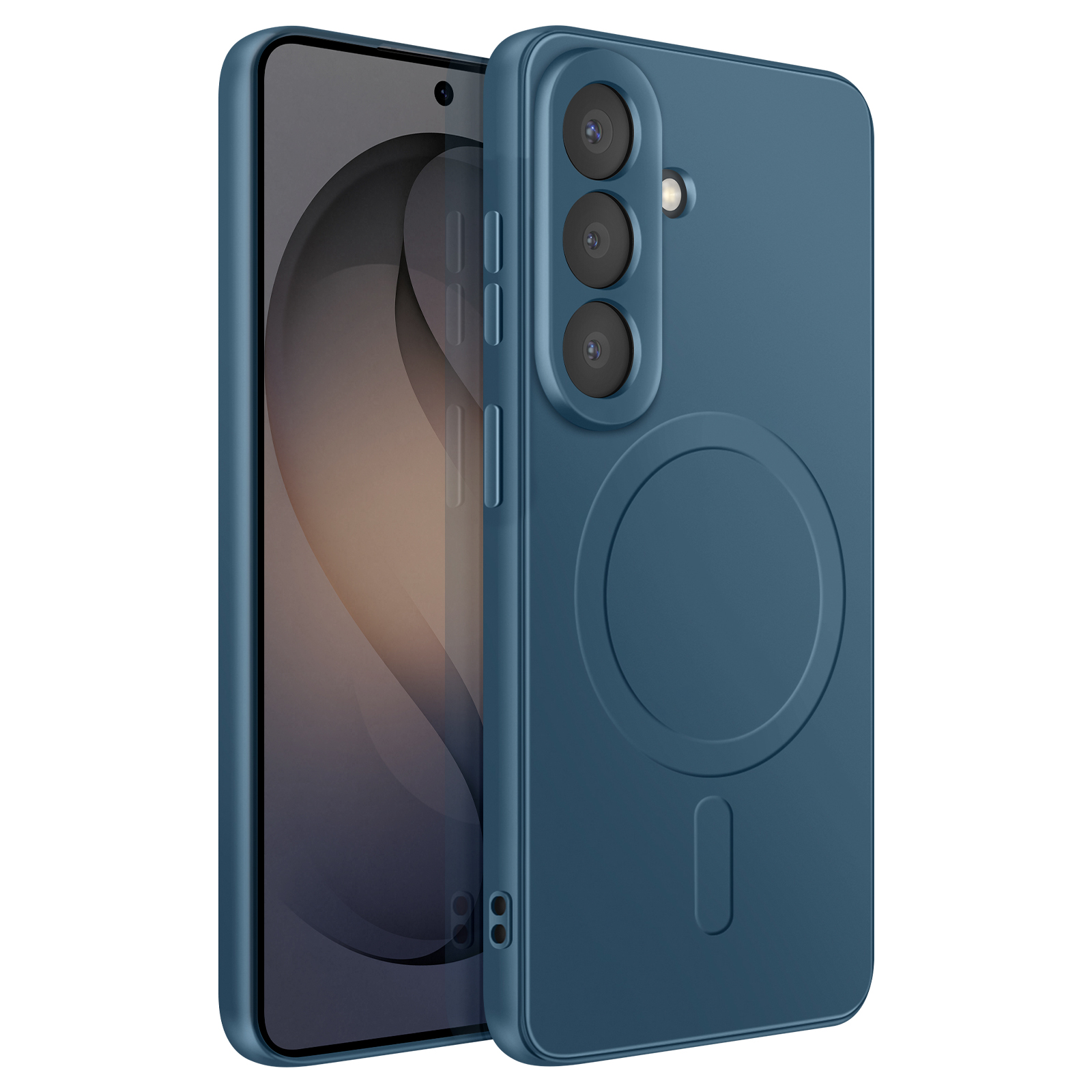 Een blauwe telefoonhoes met drie camera's en een magnetische cirkel.