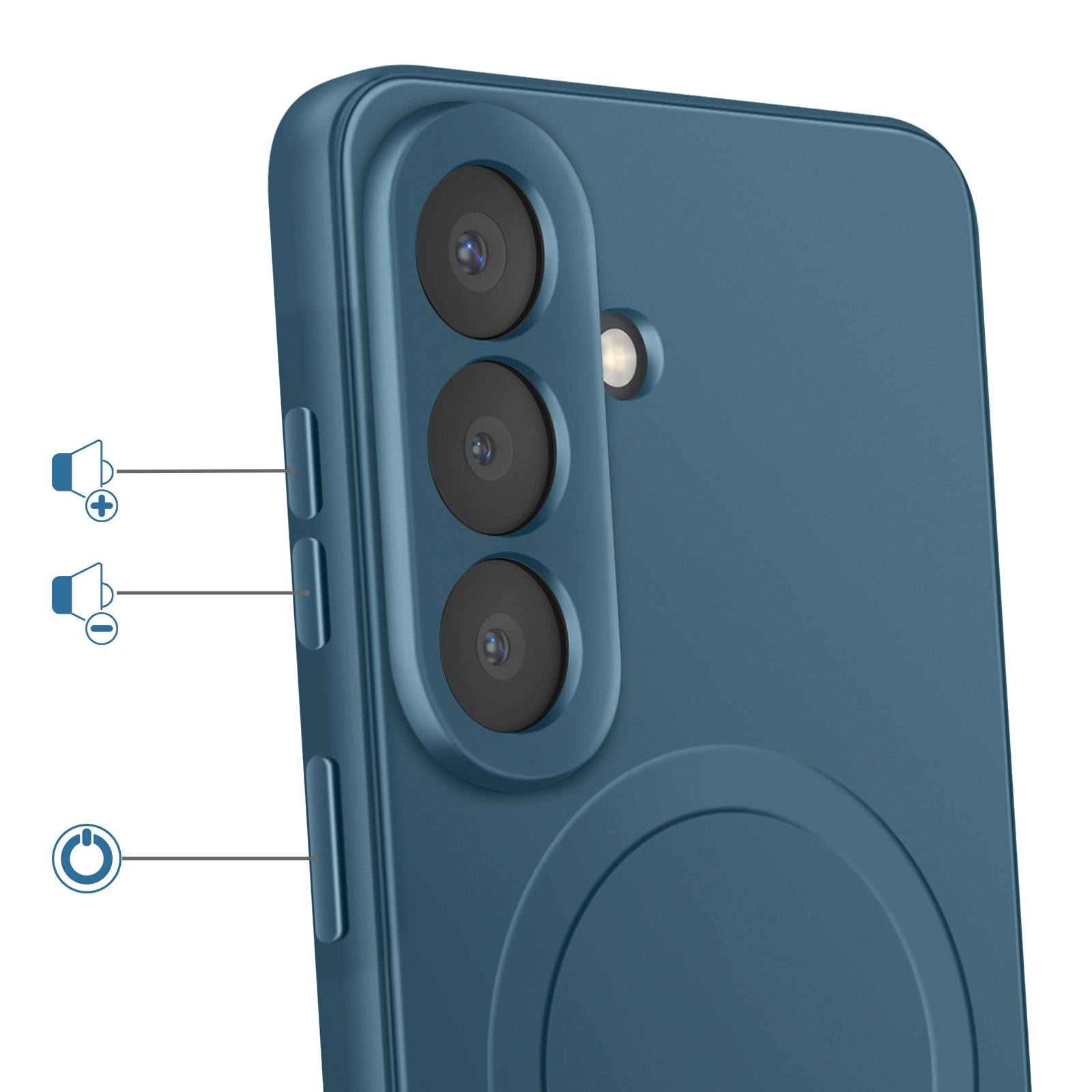 Bovenaanzicht van een blauwe smartphone met drie cameralenzen en flitser.