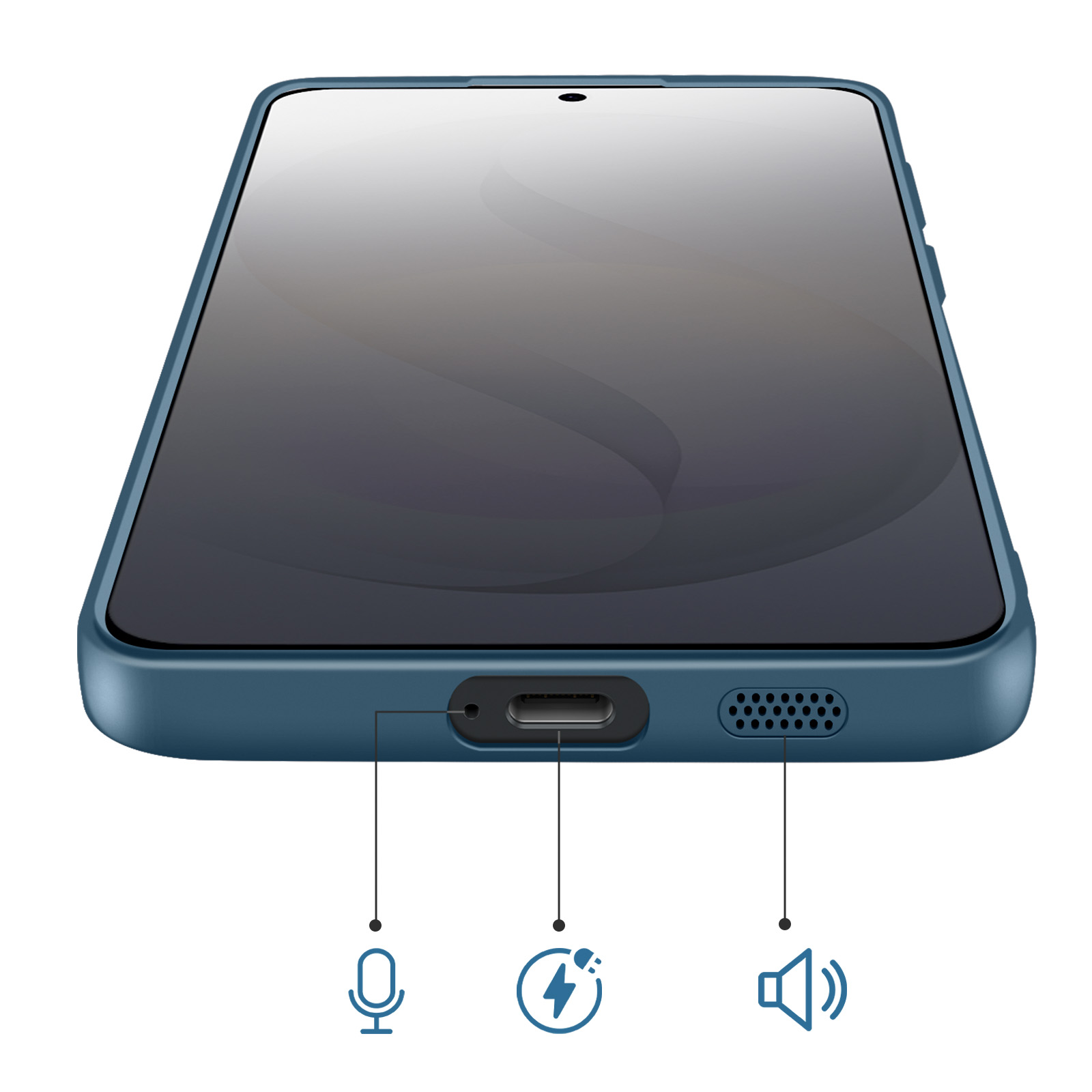 Blauwe smartphone met USB-C-poort, microfoon- en luidsprekerpictogrammen.