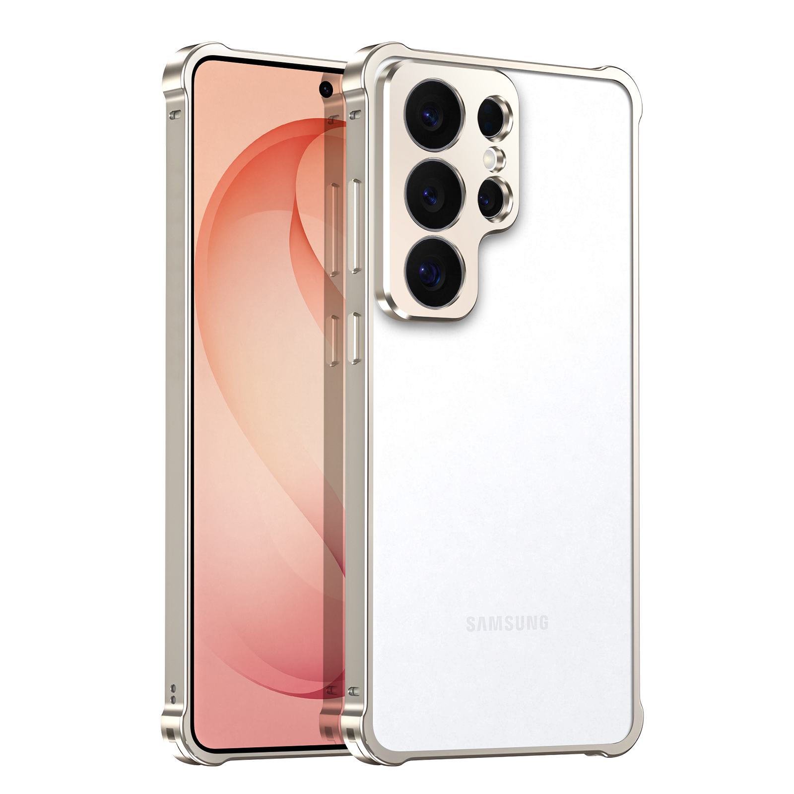 Uno smartphone argentato con quattro fotocamere e uno schermo luminoso.
