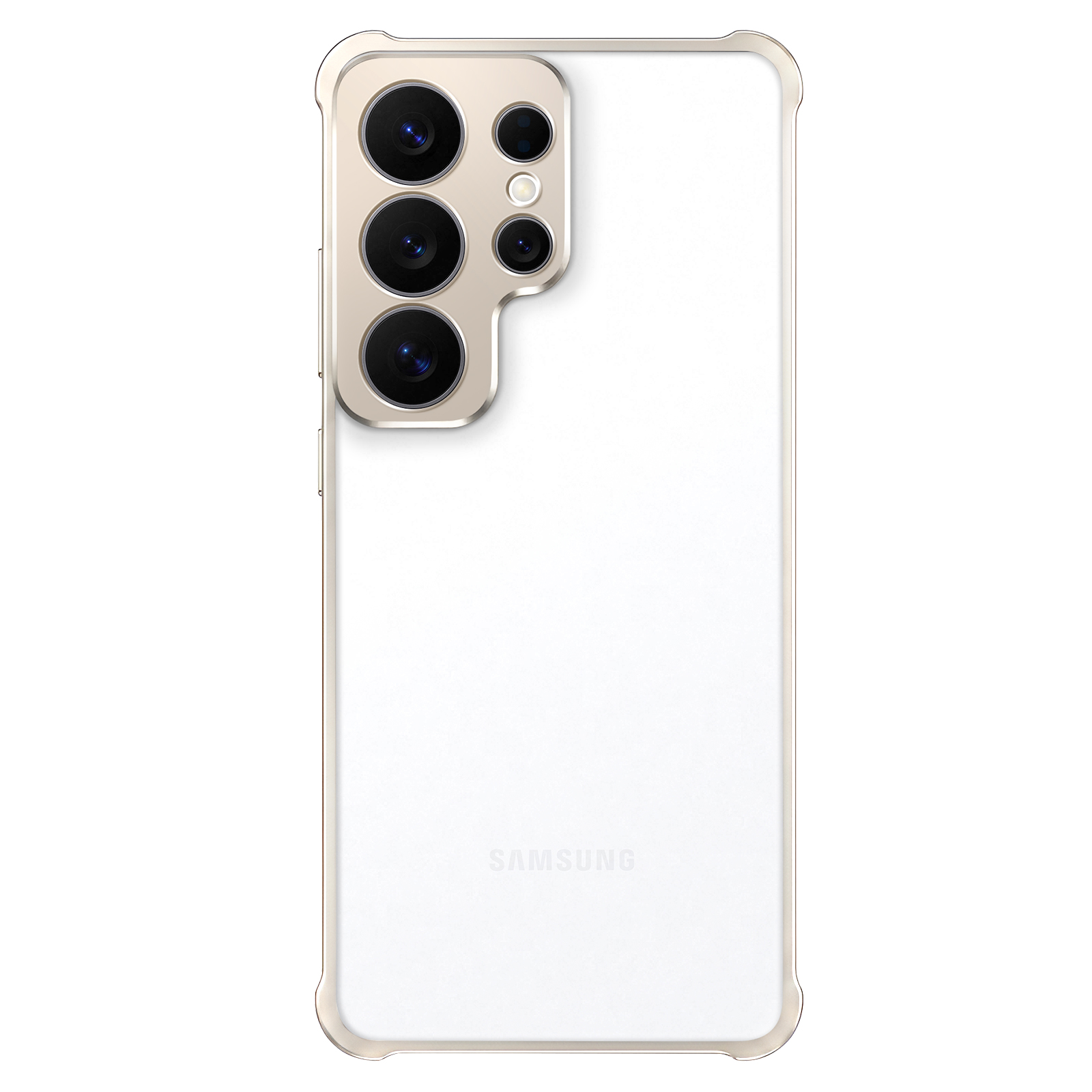 Una custodia trasparente per telefono con cornice dorata e quattro fotocamere.