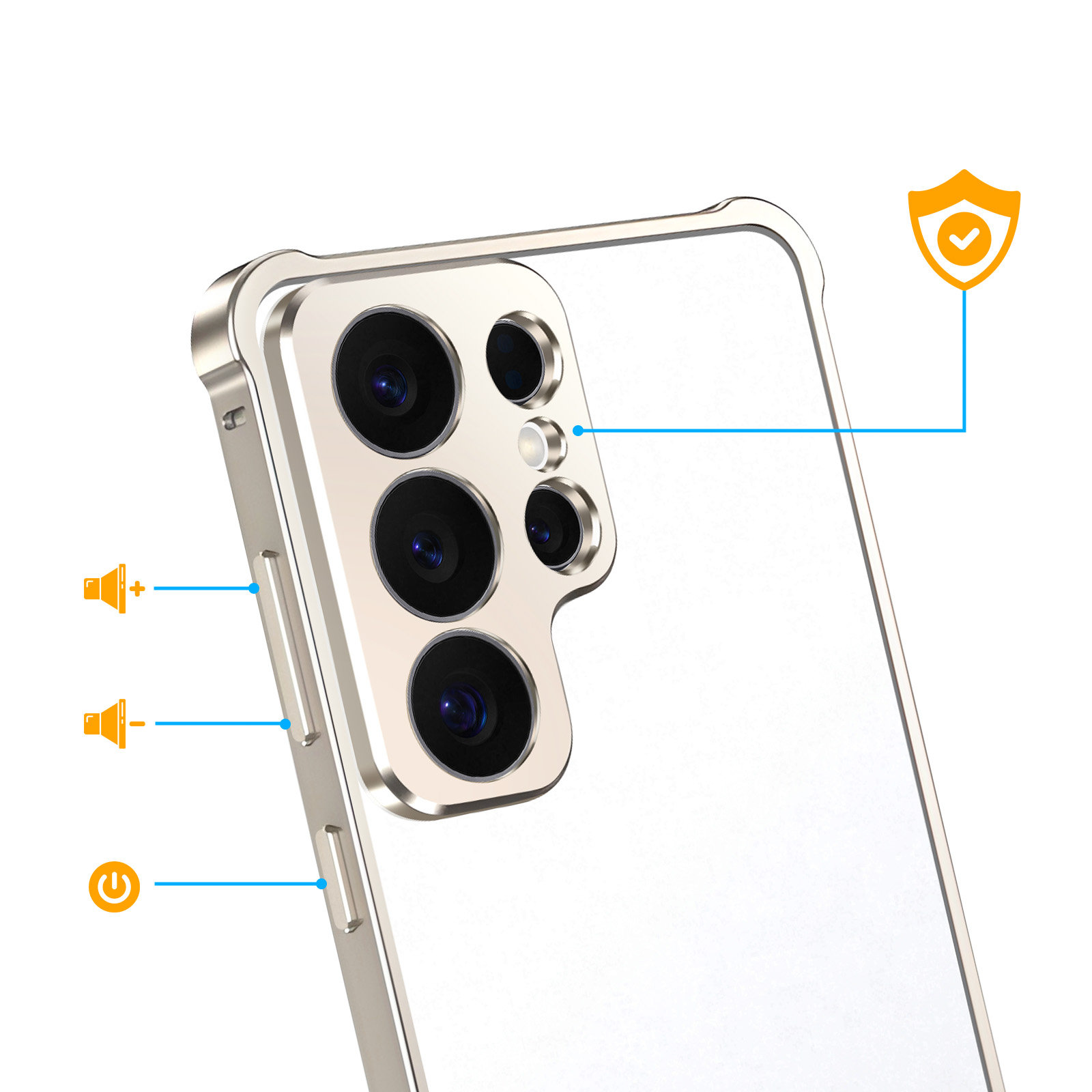 Cornice argentata per telefono che mostra fotocamere, volume e pulsanti di accensione.