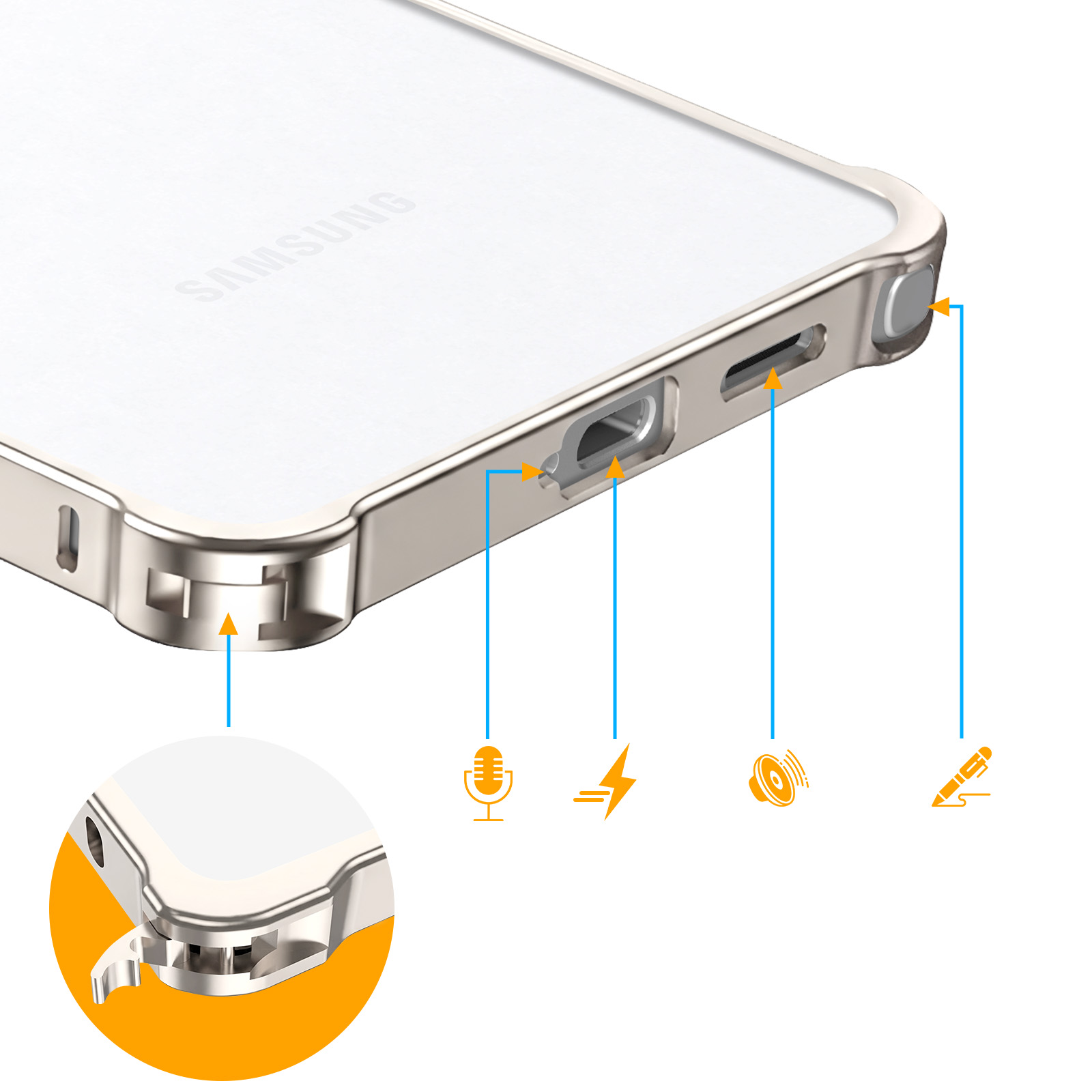 Primo piano di una cover argentata per smartphone, con porte e icone per microfono, fulmine, altoparlante e penna.