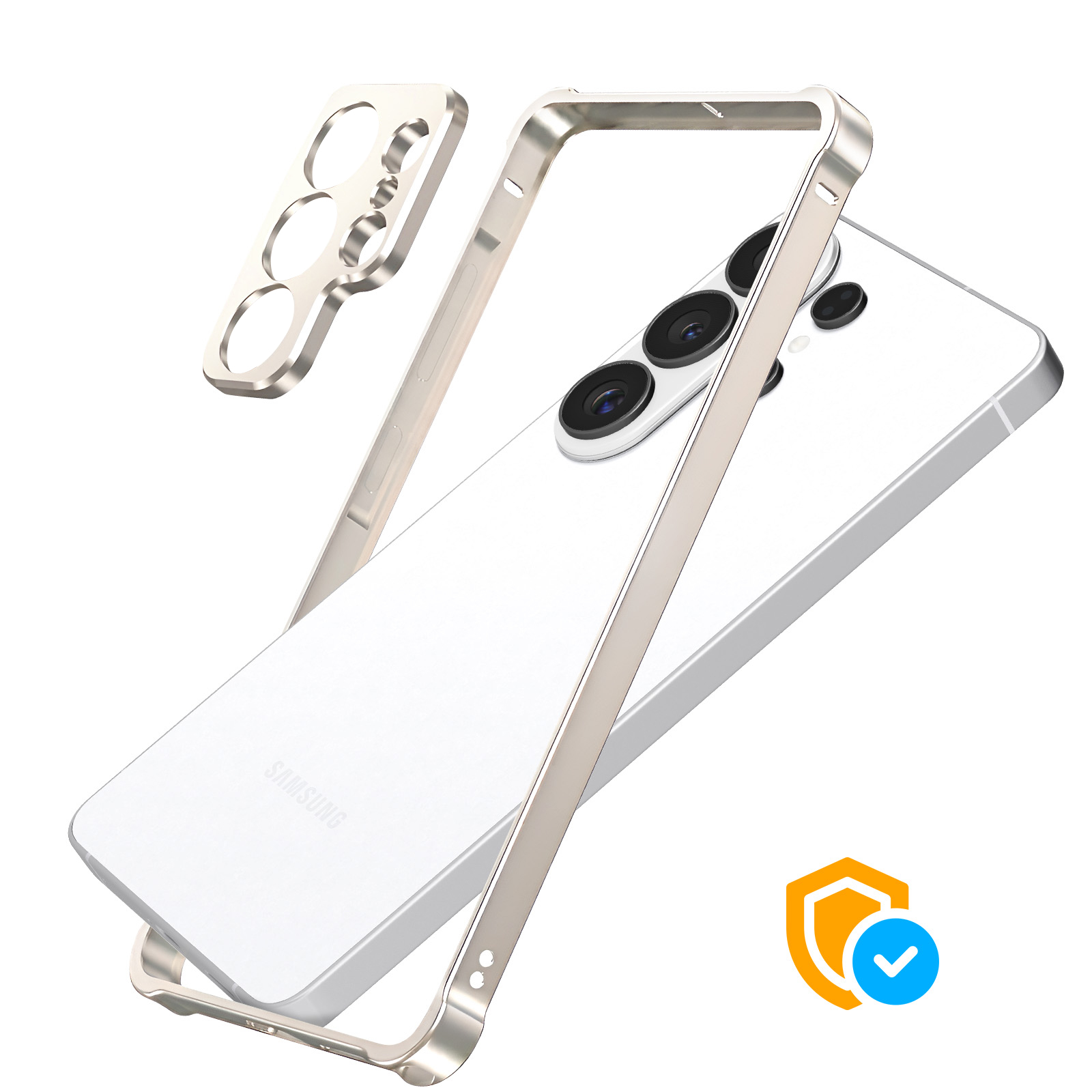 Una cornice argentata per telefono e copri-fotocamera su un cellulare bianco.