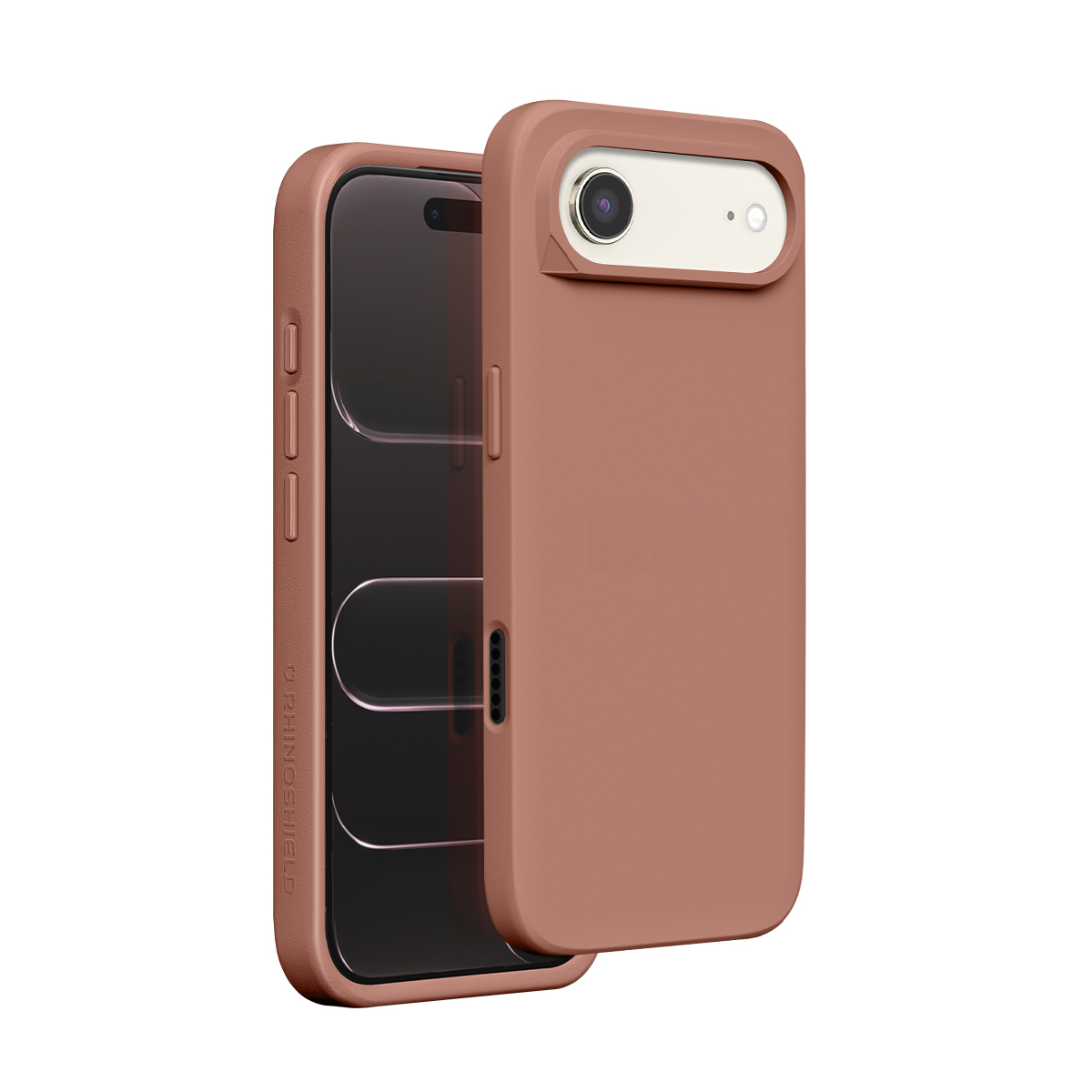 Una custodia per telefono color oro rosa con obiettivo e flash.