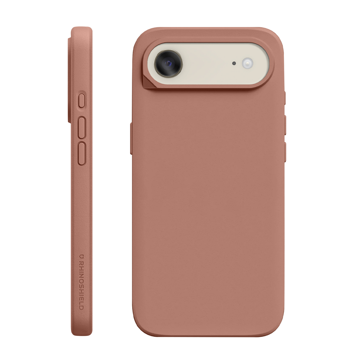 Una custodia per telefono color rosa con ritaglio per fotocamera e pulsanti laterali.
