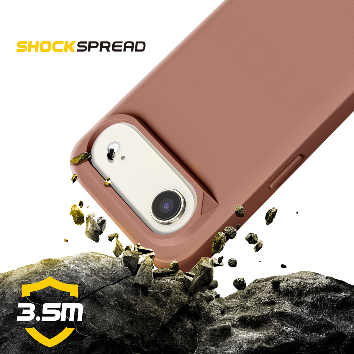 Cover marrone per telefono cade su rocce, detriti volano. 3.5m.