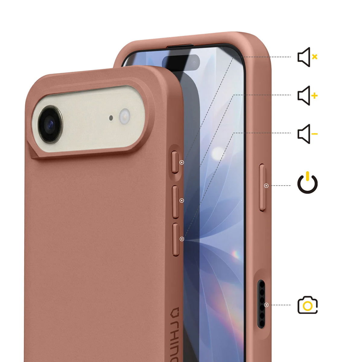 Custodia per telefono oro rosa con ritaglio fotocamera e pulsanti laterali.