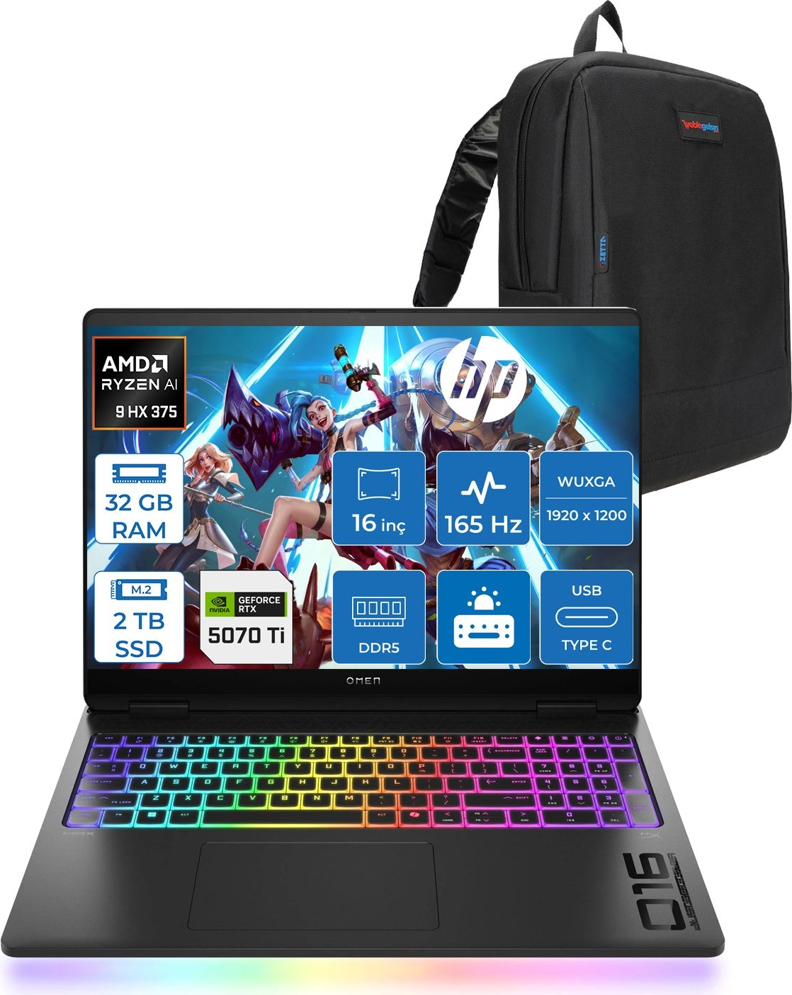 HP Omen Max 16-AK0005NT 12GB RTX5070Tİ 400 Nit ZBQ1Y0EAF13 AMD Ryzen AI 9 375 32 GB RAM 2 TB SSD 16 inç FreeDOS Laptop+Çanta Siyah