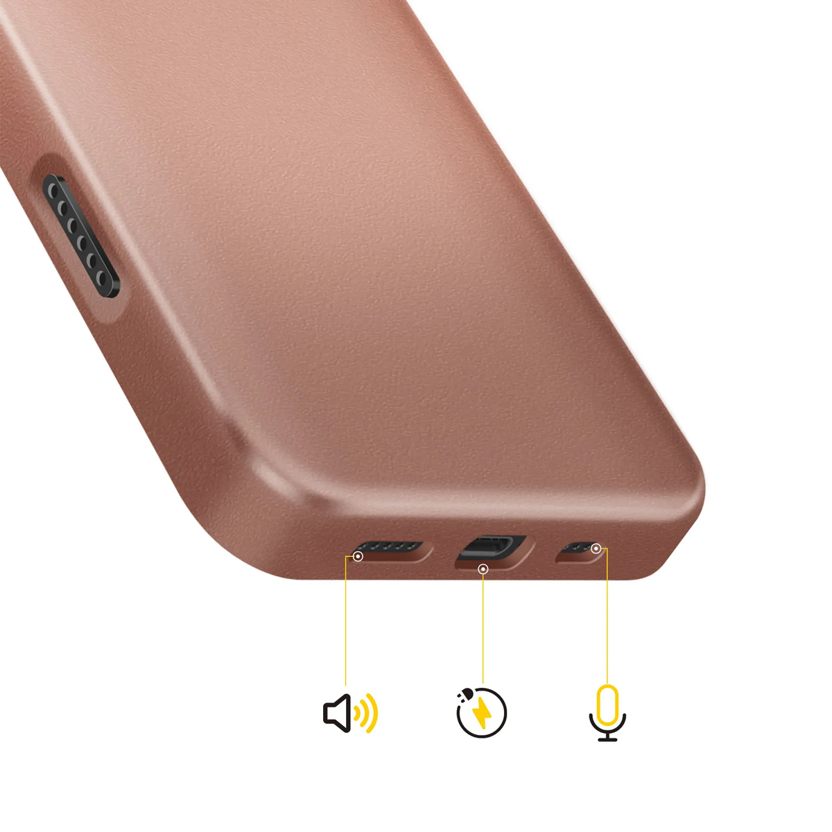 Primo piano di una cover per telefono color oro rosa che mostra porte e icone per altoparlante, ricarica e microfono.