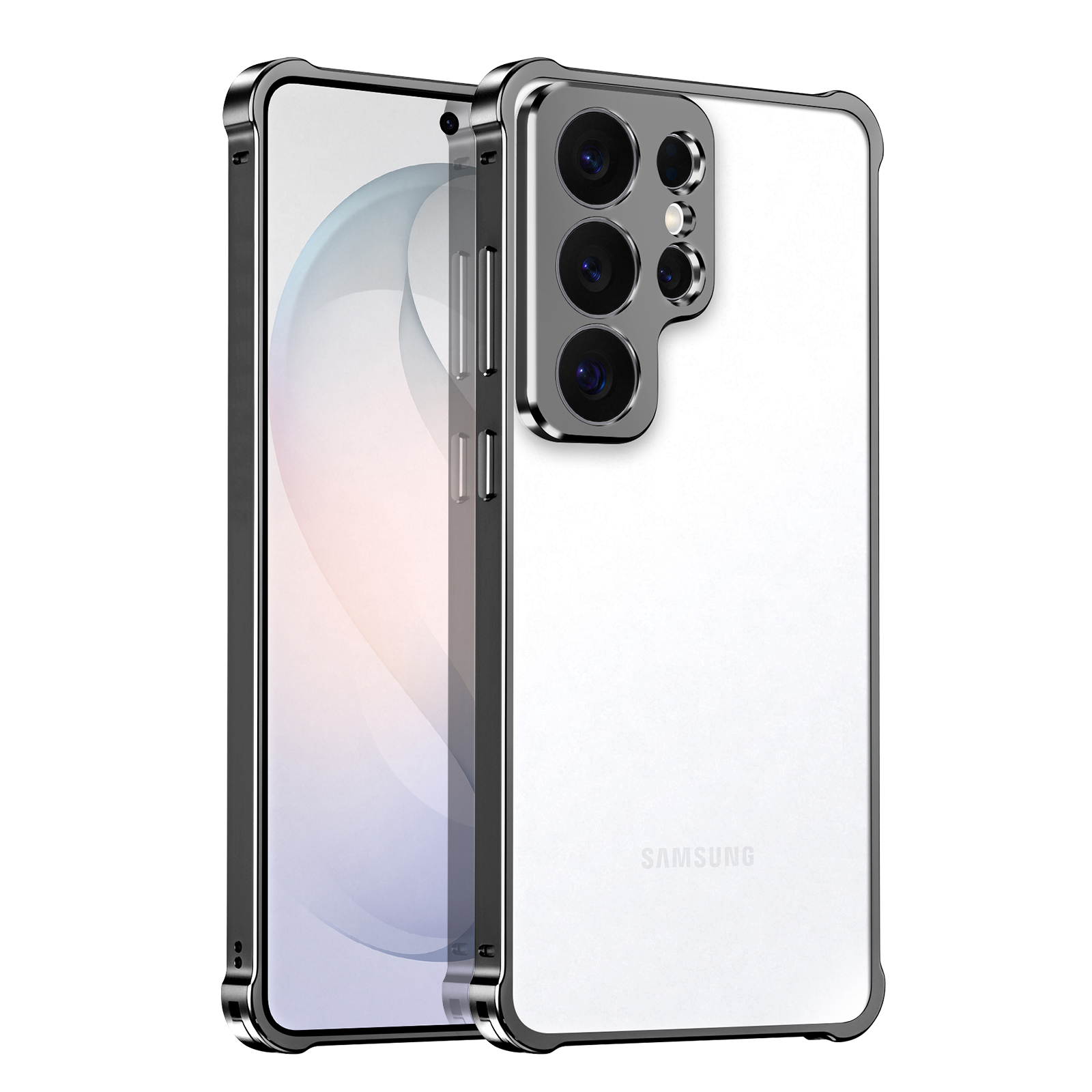 Un marco protector plateado rodea un teléfono transparente con cuatro cámaras.
