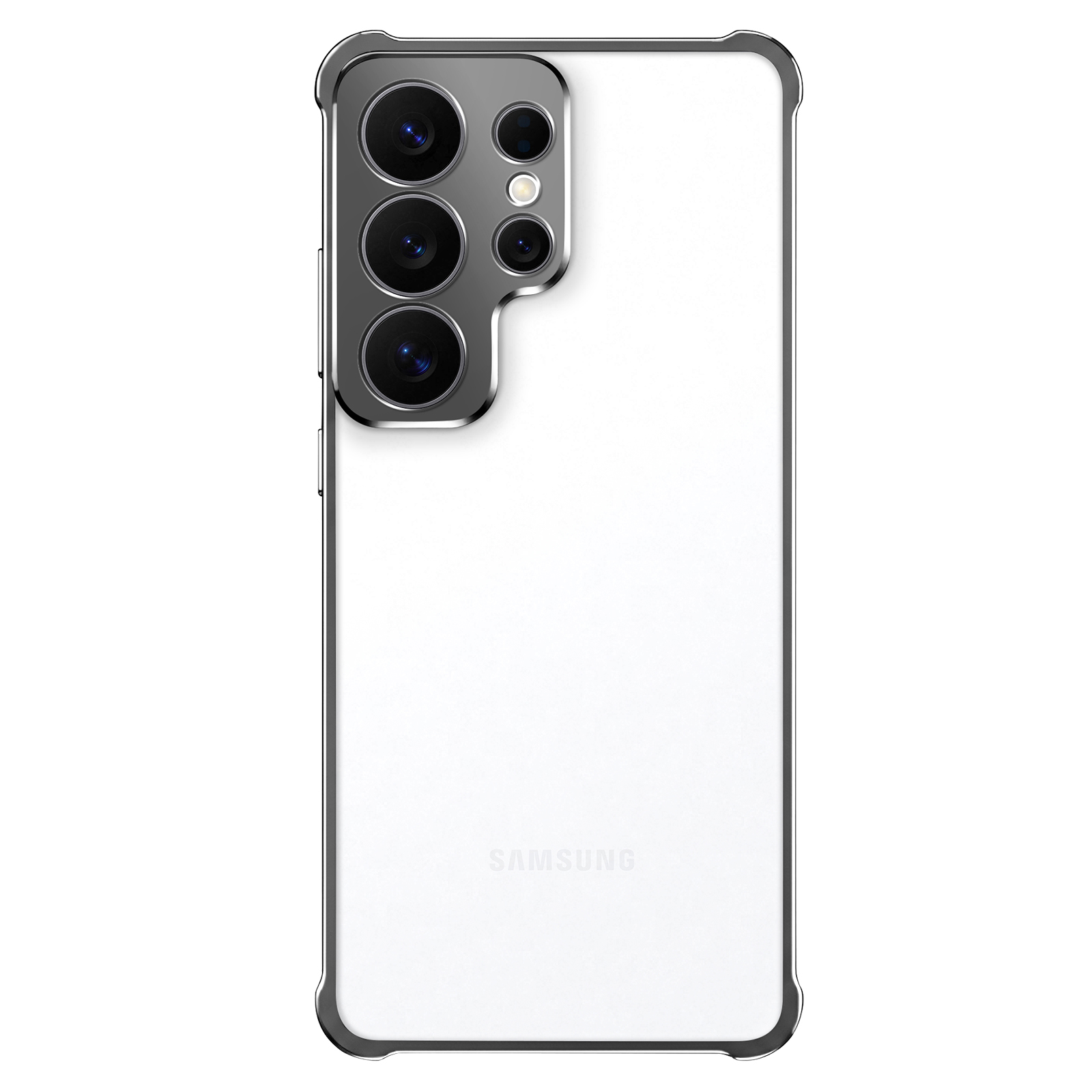 Funda transparente con borde negro y módulo de cámara en la parte trasera de un smartphone blanco.
