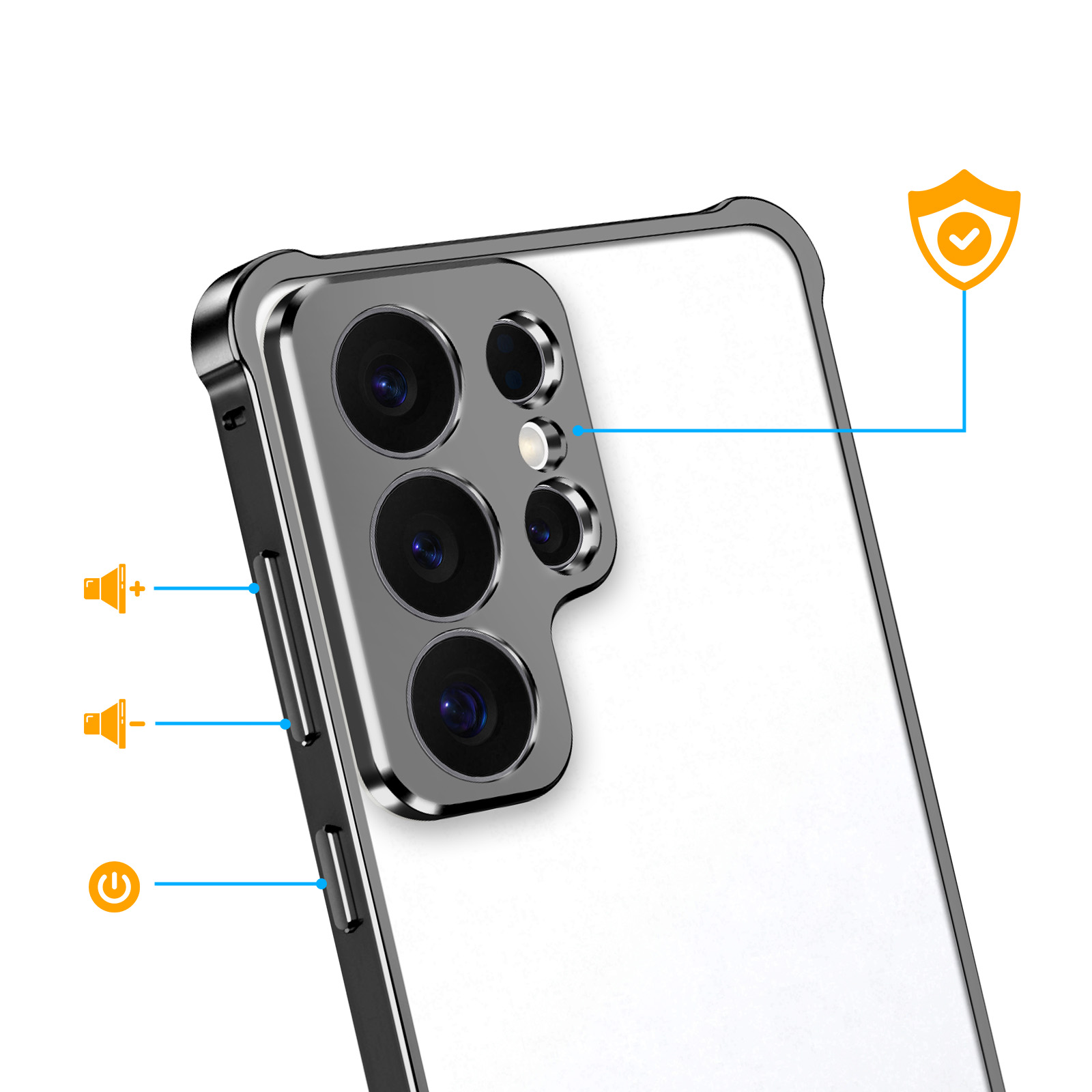 Parte trasera de un smartphone con módulo de cámara, botones e ícono de protección.