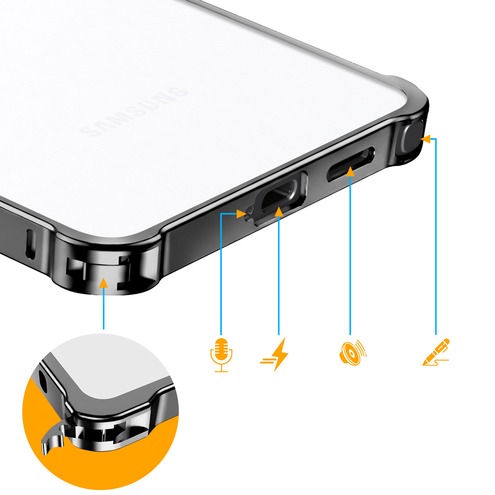 Primer plano de una funda plateada para teléfono que muestra puertos e íconos de micrófono, flash y altavoz.