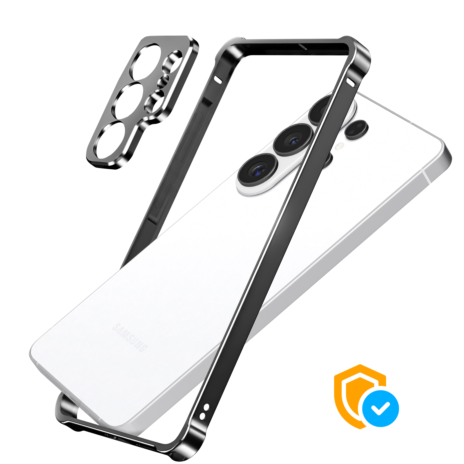 Un marco metálico plateado para un smartphone blanco con tres cámaras.
