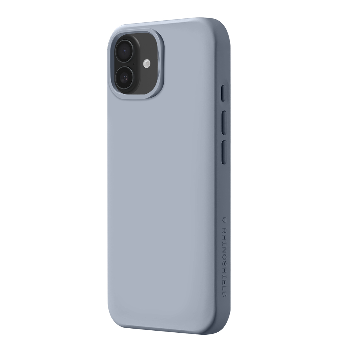 Custodia grigia per telefono con doppia fotocamera e pulsanti laterali.