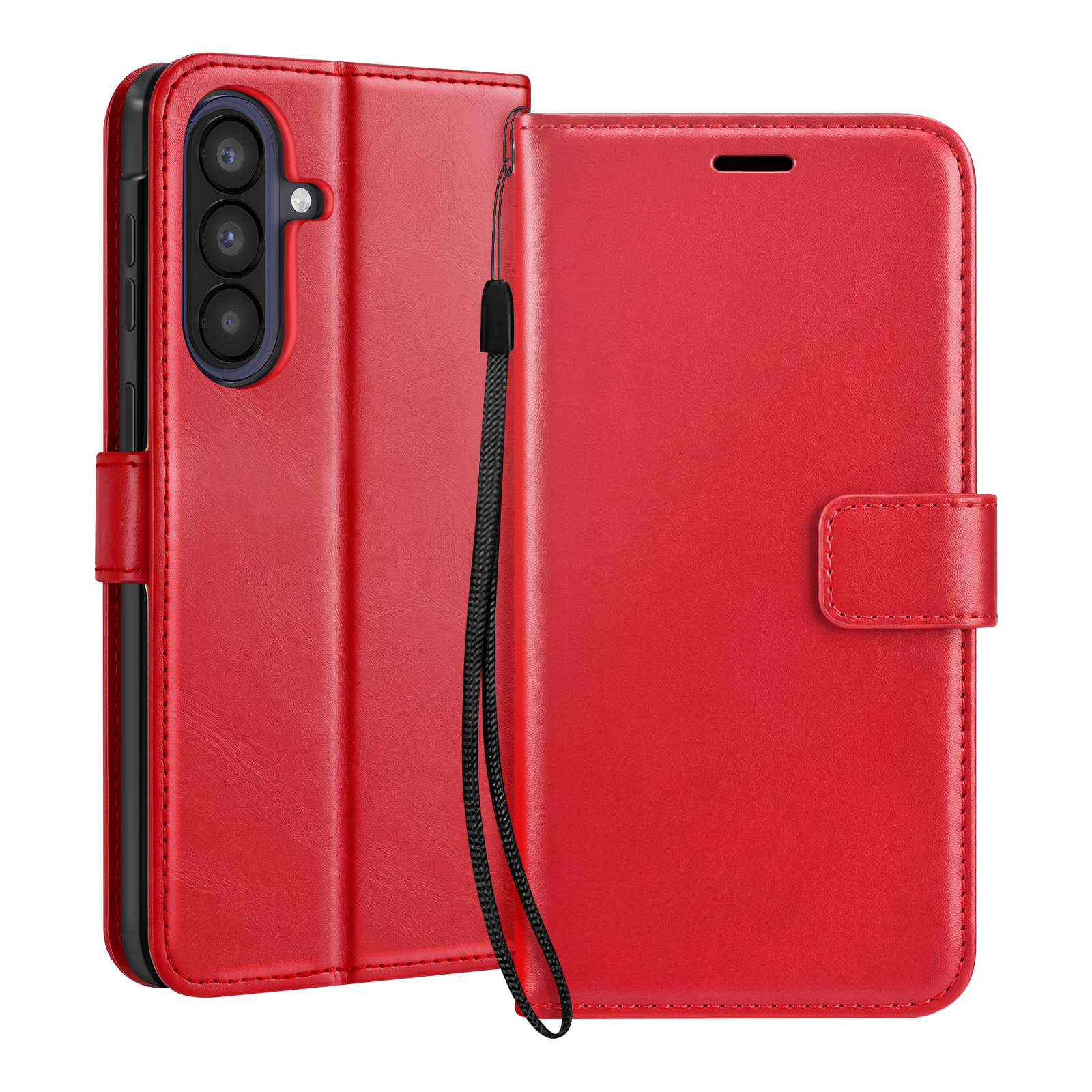 Custodia rossa a libro per telefono con protezione fotocamera.