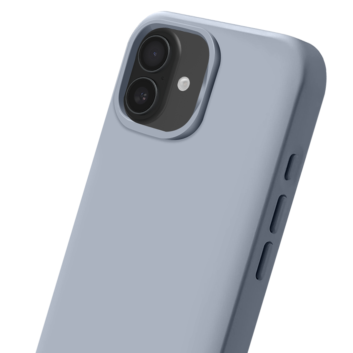 Custodia per telefono grigia con doppia fotocamera e flash sul retro.
