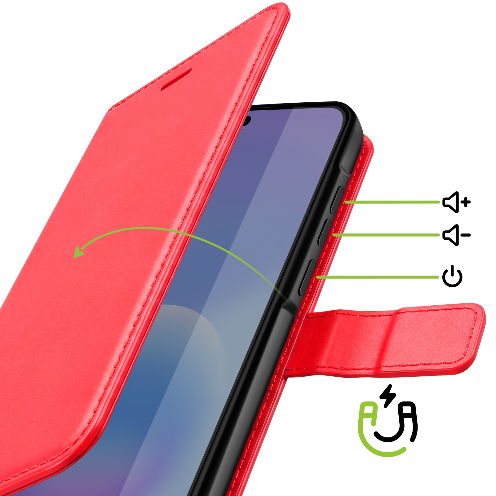 Custodia rossa per telefono con pulsanti laterali e indicatore di carica.