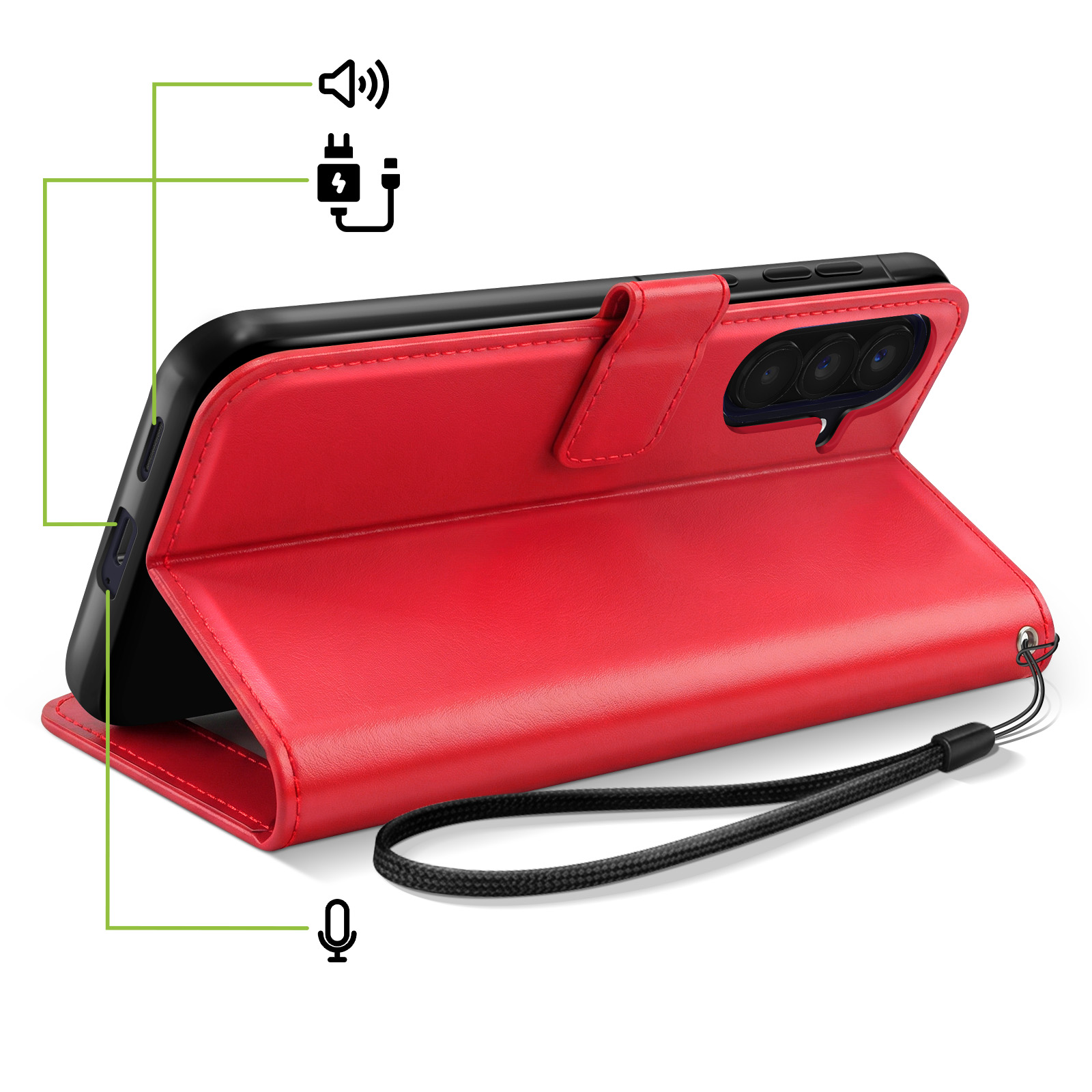 Custodia rossa per telefono con ritaglio fotocamera, porta di ricarica e icone altoparlanti.