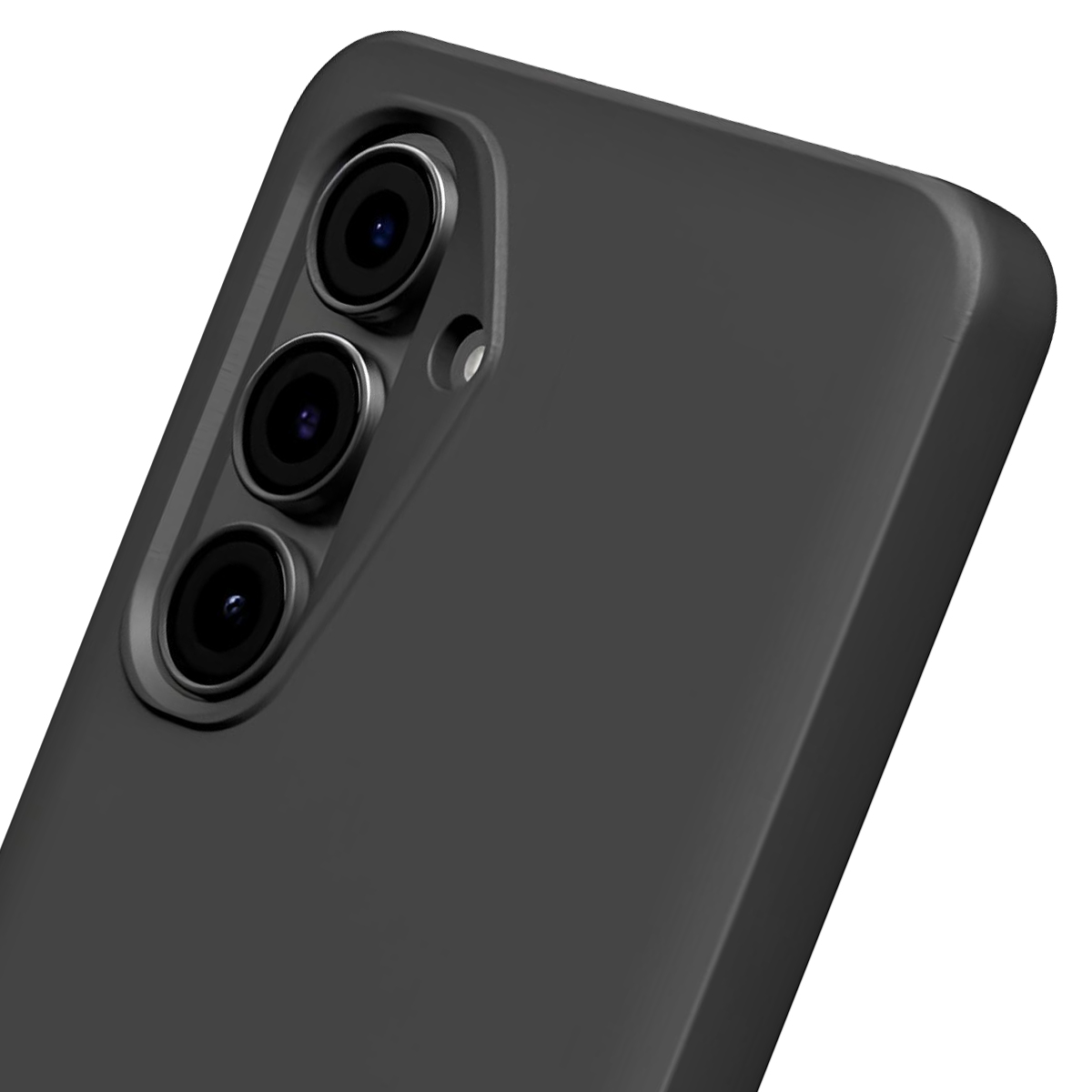 Primo piano di una custodia scura per telefono con tre obiettivi e un flash.