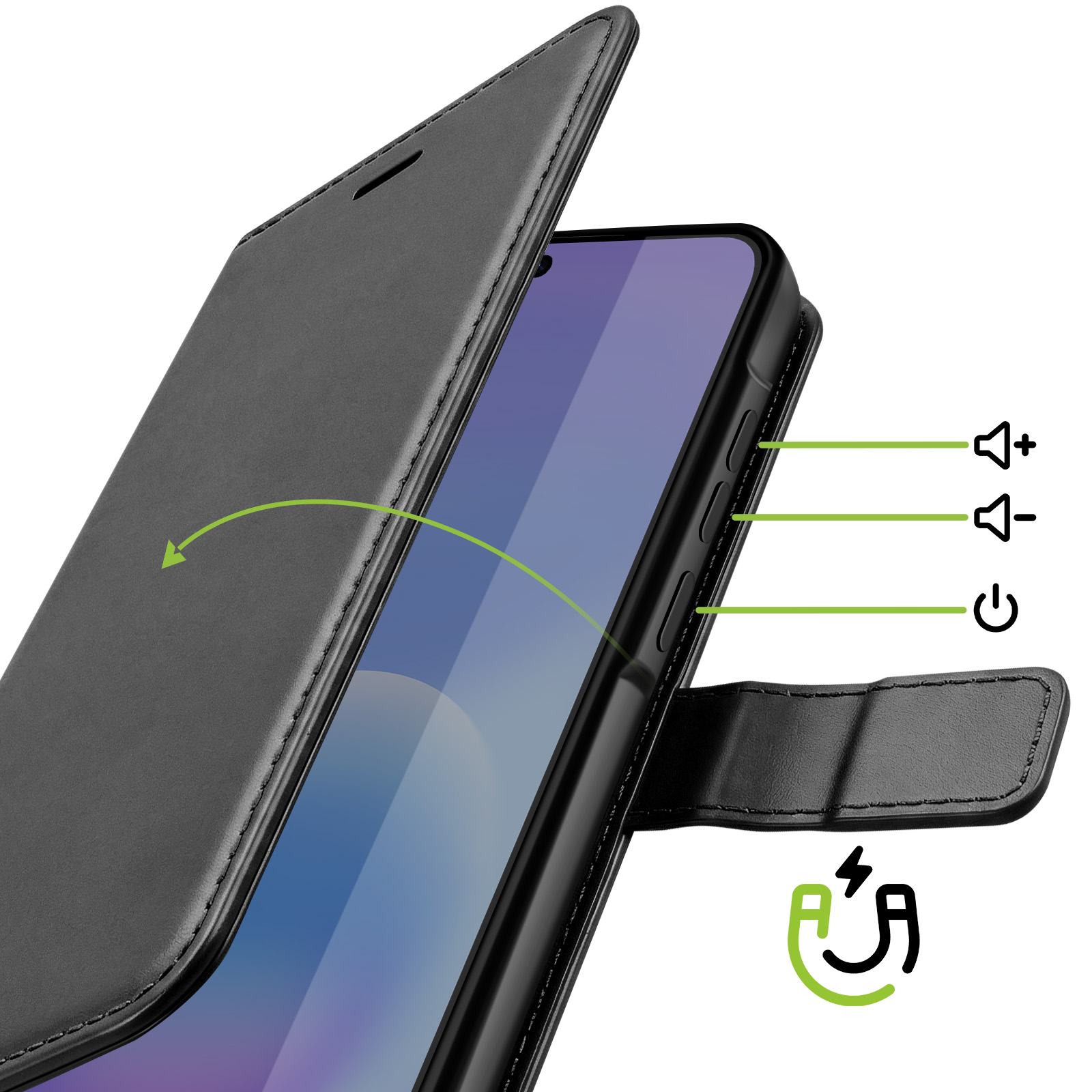 Smartphone nero in custodia a libro, tasti volume e accensione.