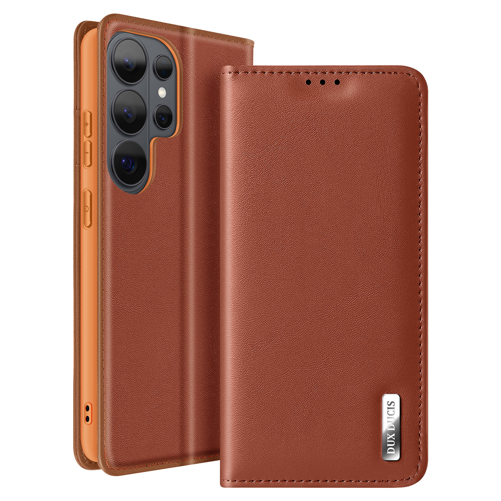 Custodia marrone per telefono con ritaglio fotocamera e logo