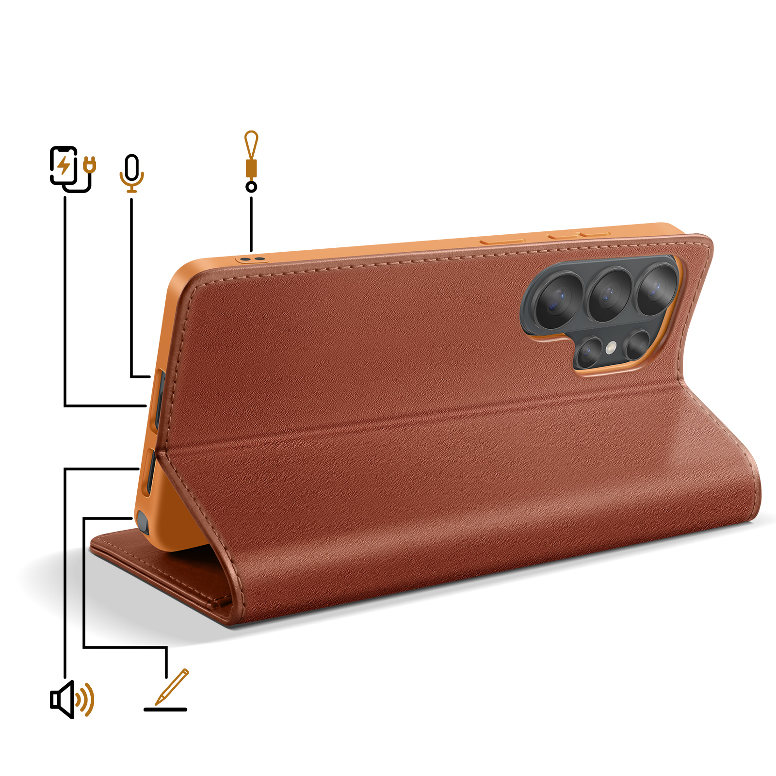 Custodia a libro in pelle marrone per smartphone con più fotocamere.