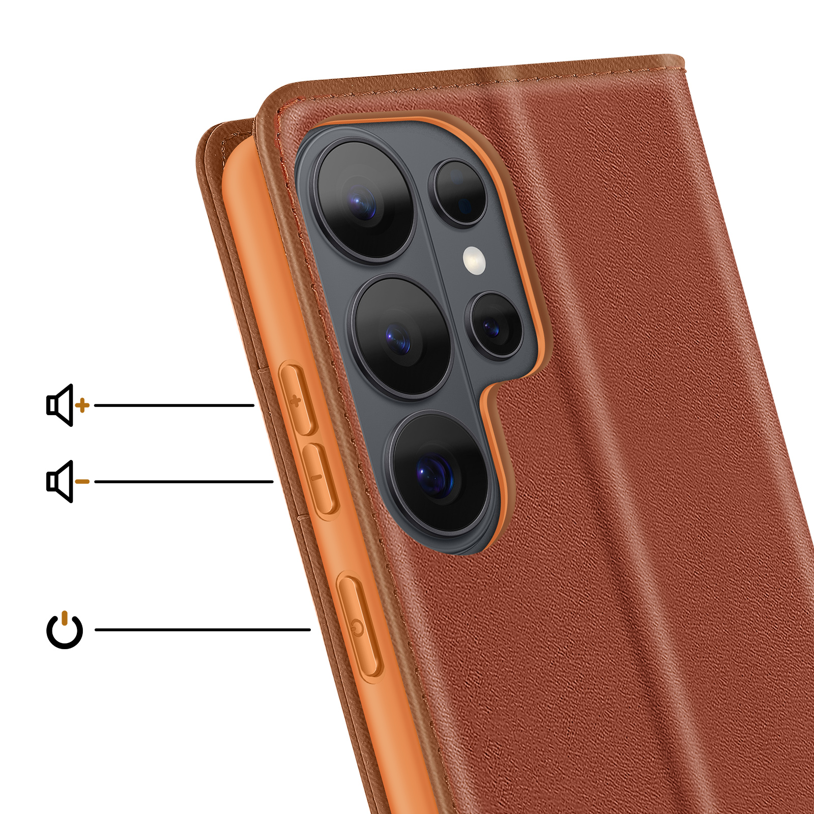 Custodia per telefono in pelle marrone con rigonfiamento fotocamera e pulsanti laterali.