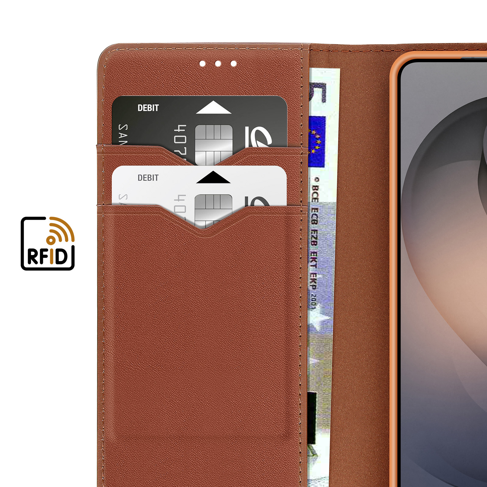Portafoglio marrone con due carte, banconota e simbolo RFID.