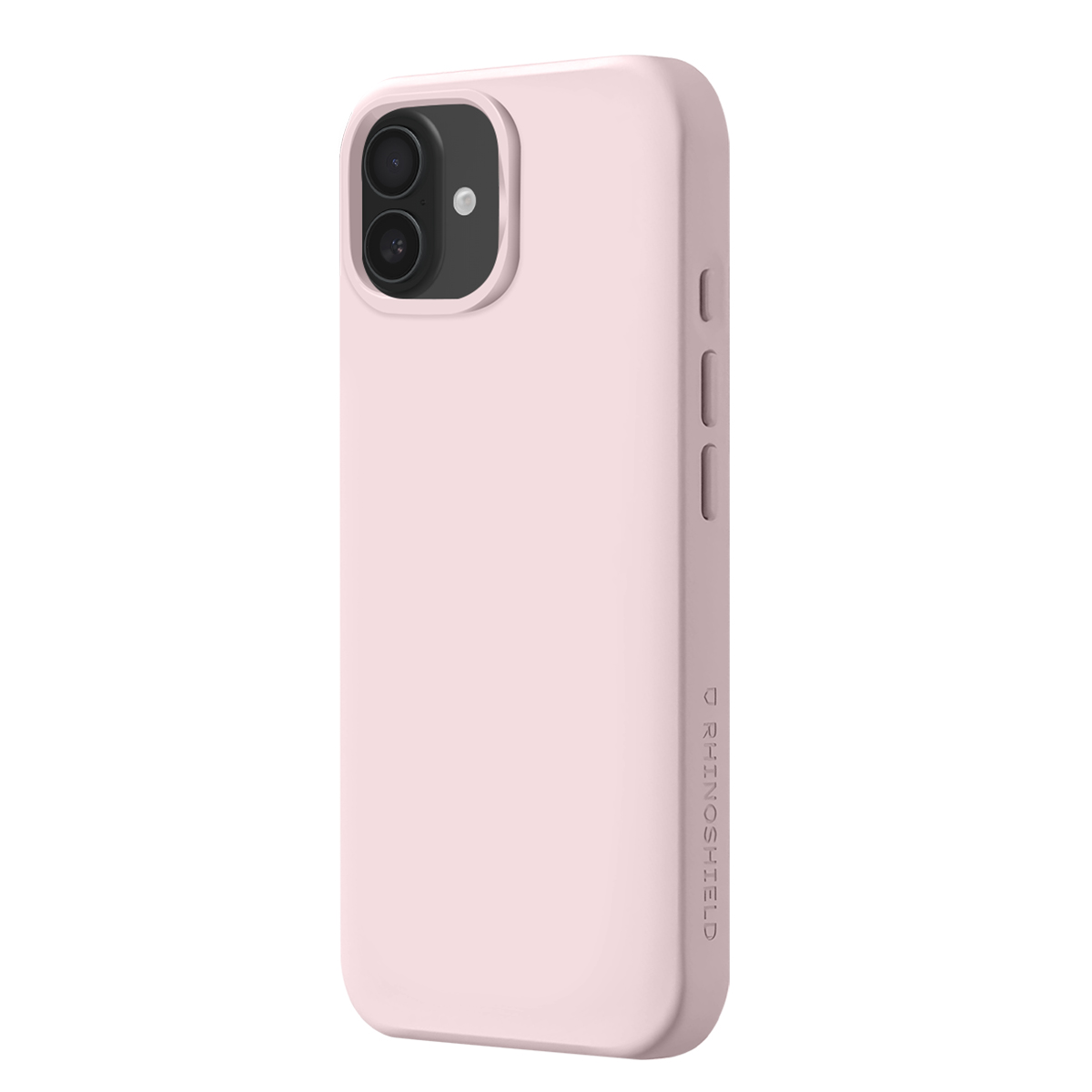 Una custodia rosa per telefono con ritaglio fotocamera nero e pulsanti laterali.
