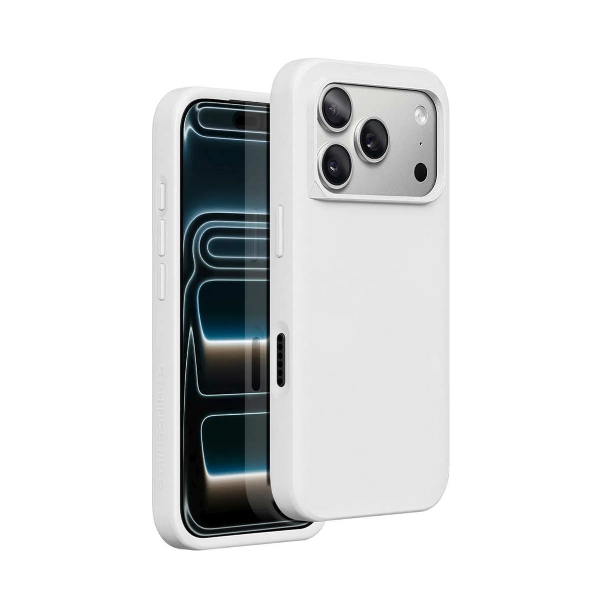 Un iPhone bianco con custodia bianca che mostra tre fotocamere.